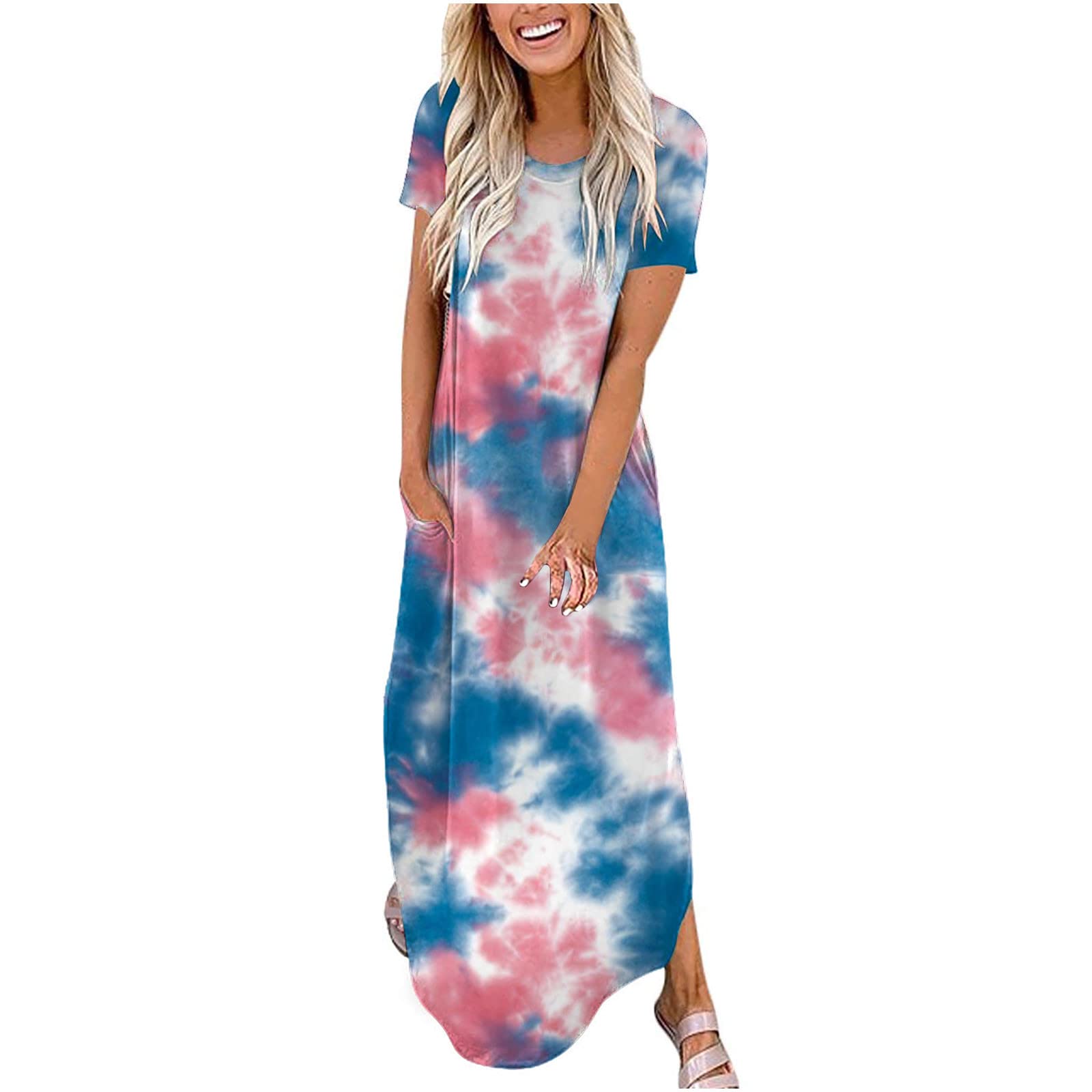 MIANHT Women's Summer Maxi Dress - Casual Loose Fit Cross Round Neck Short Sleeve with Slit - Perfect for Beach Vacation, Outdoor Parties & Date Nights