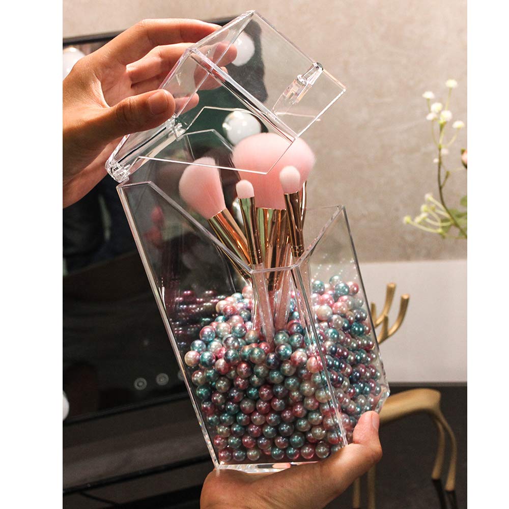 Clear Acrylic Makeup Brush Holder with Pearls - Transparent Dustproof Cosmetic Organizer Storage Box with Lid | Perfect for Vanity, Bathroom & Travel Makeup Organization