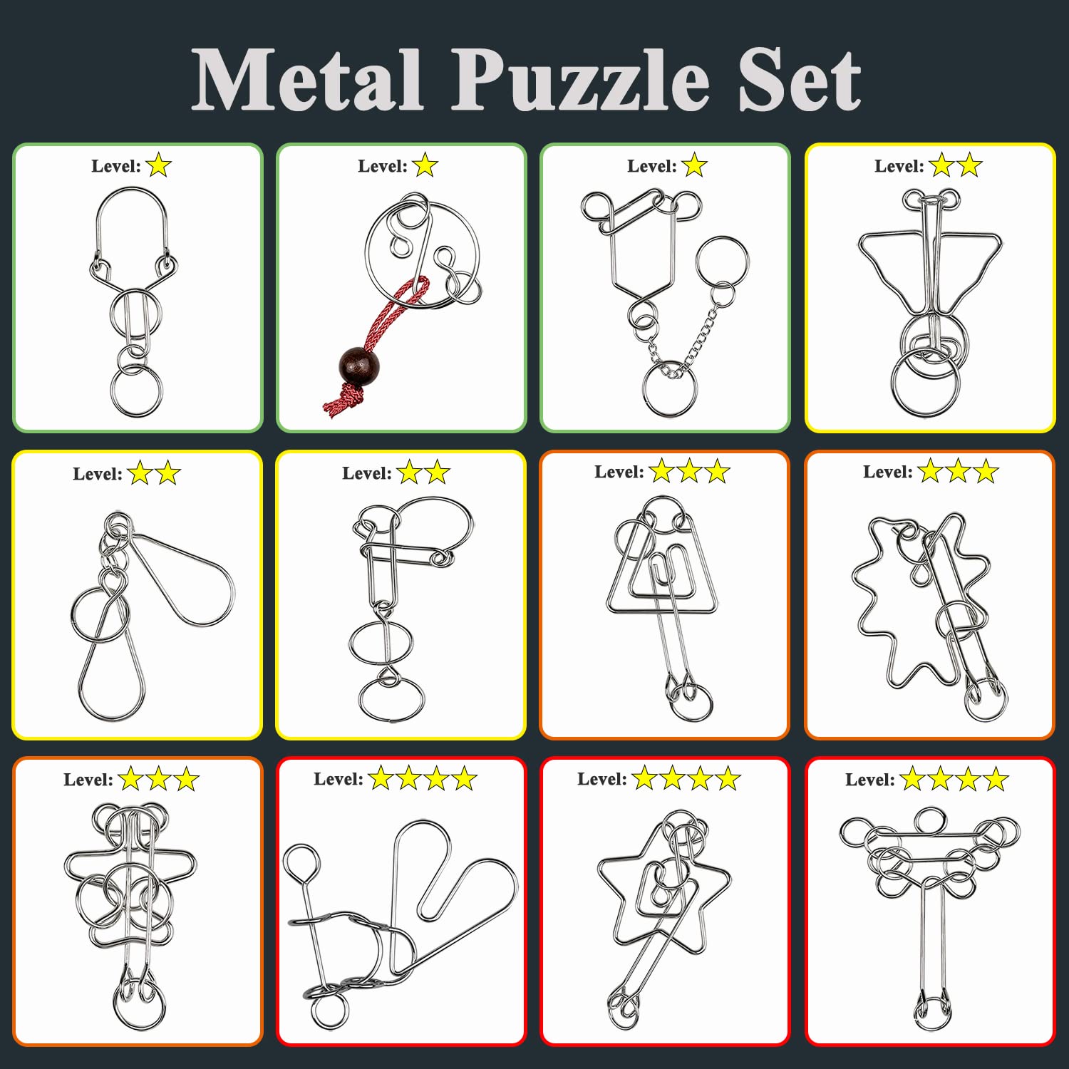 Metal Wire Puzzle Set 12pcs - Brain Teaser Toys for Kids & Adults - Party Games & Gifts