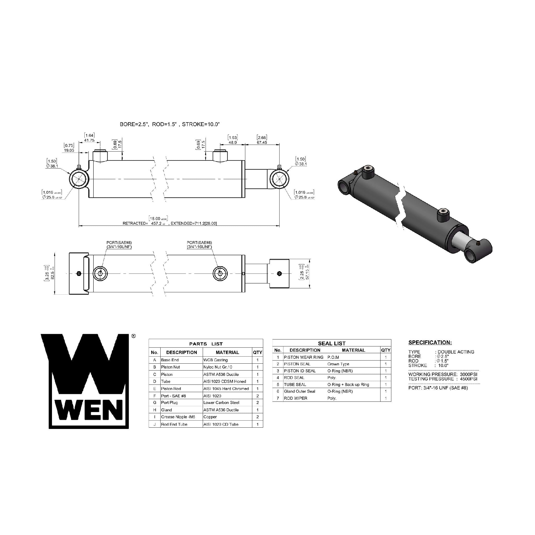 WEN WT2510 Hydraulic Cylinder - 2.5 Inch Bore, 10 Inch Stroke for Heavy-Duty Industrial Equipment and Machinery Applications