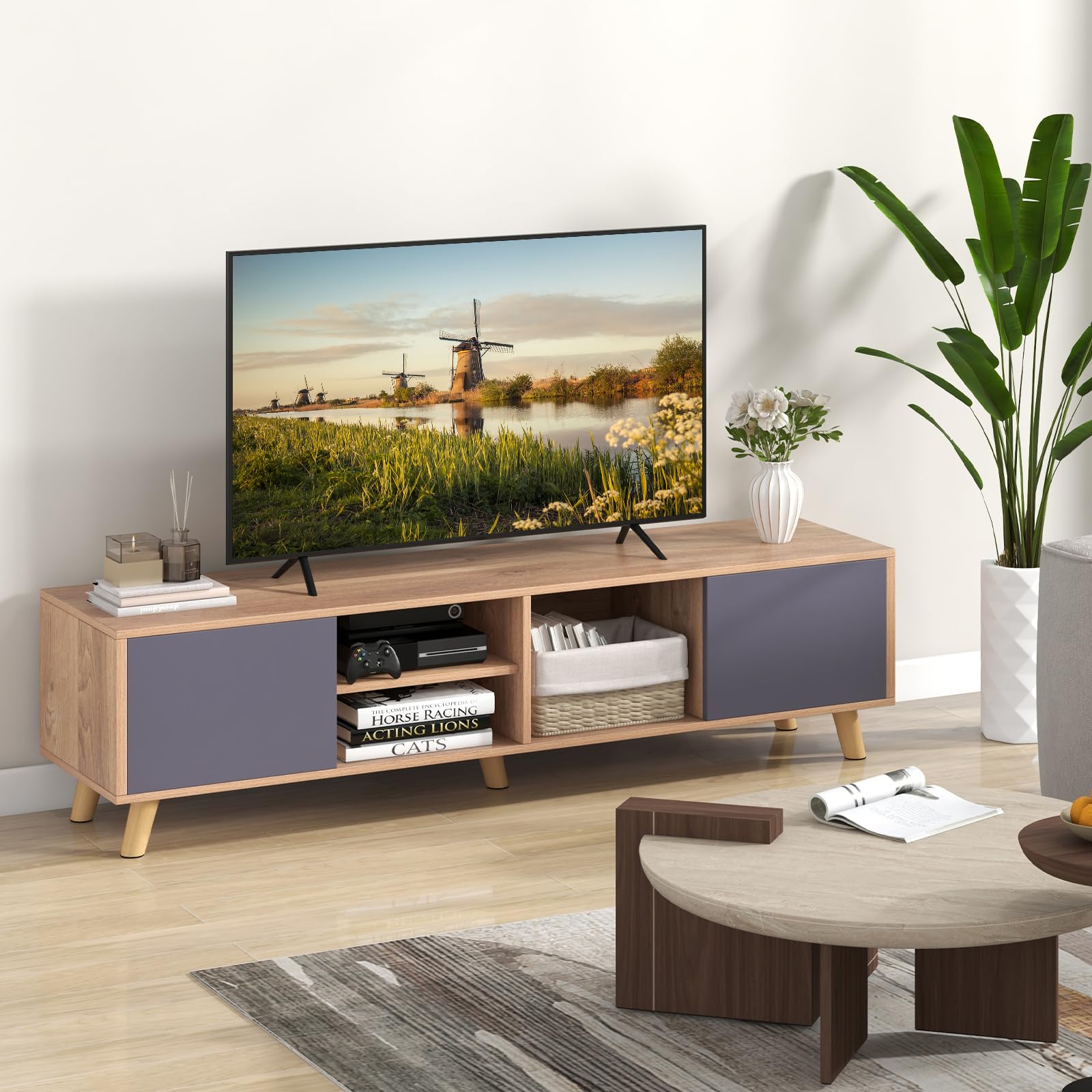 Tangkula 65 Inch TV Stand with 2 Doors & Open Shelves - Modern Media Console with Cable Management Holes - Entertainment Center for Living Room, Bedroom & Home Theater (Natural Gray Finish) - Perfect for Streaming, Gaming & Home Decor