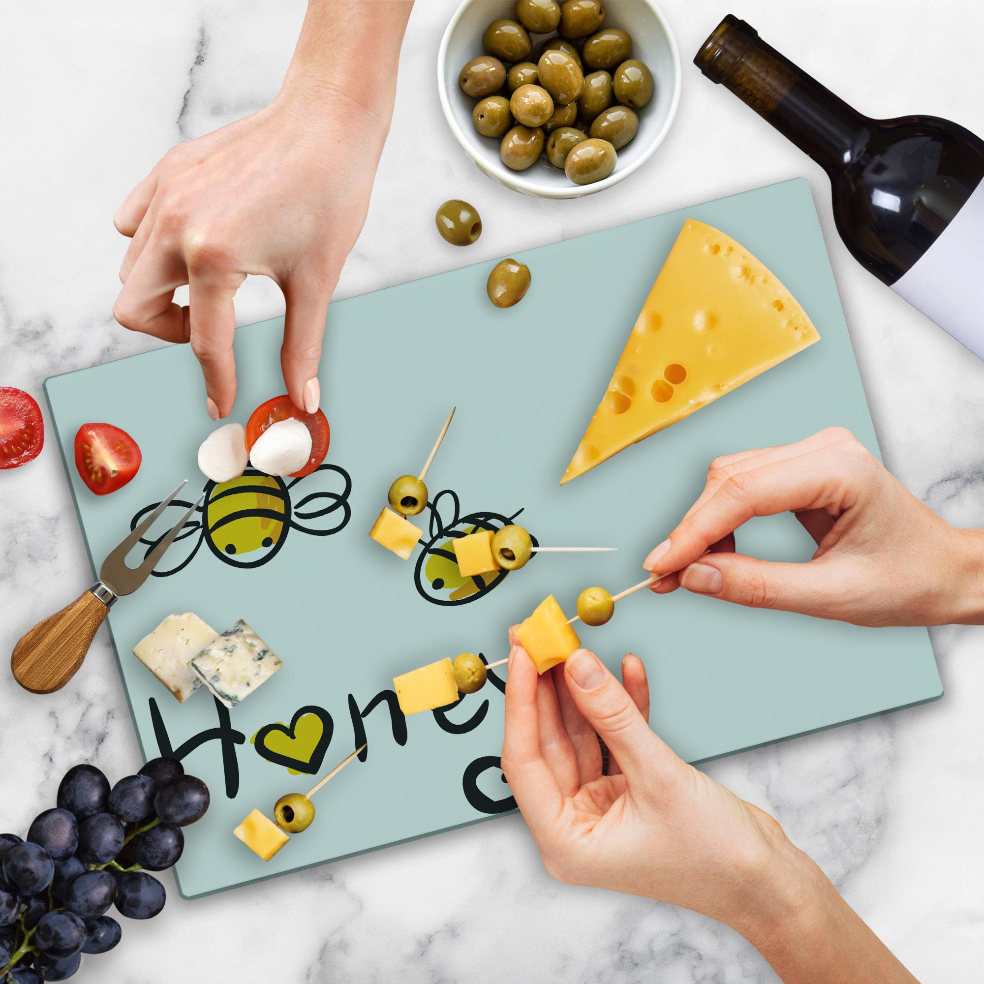 Ambesonne Honey Cutting Board - Doodle Bees Design, Large Tempered Glass for Kitchen & Serving