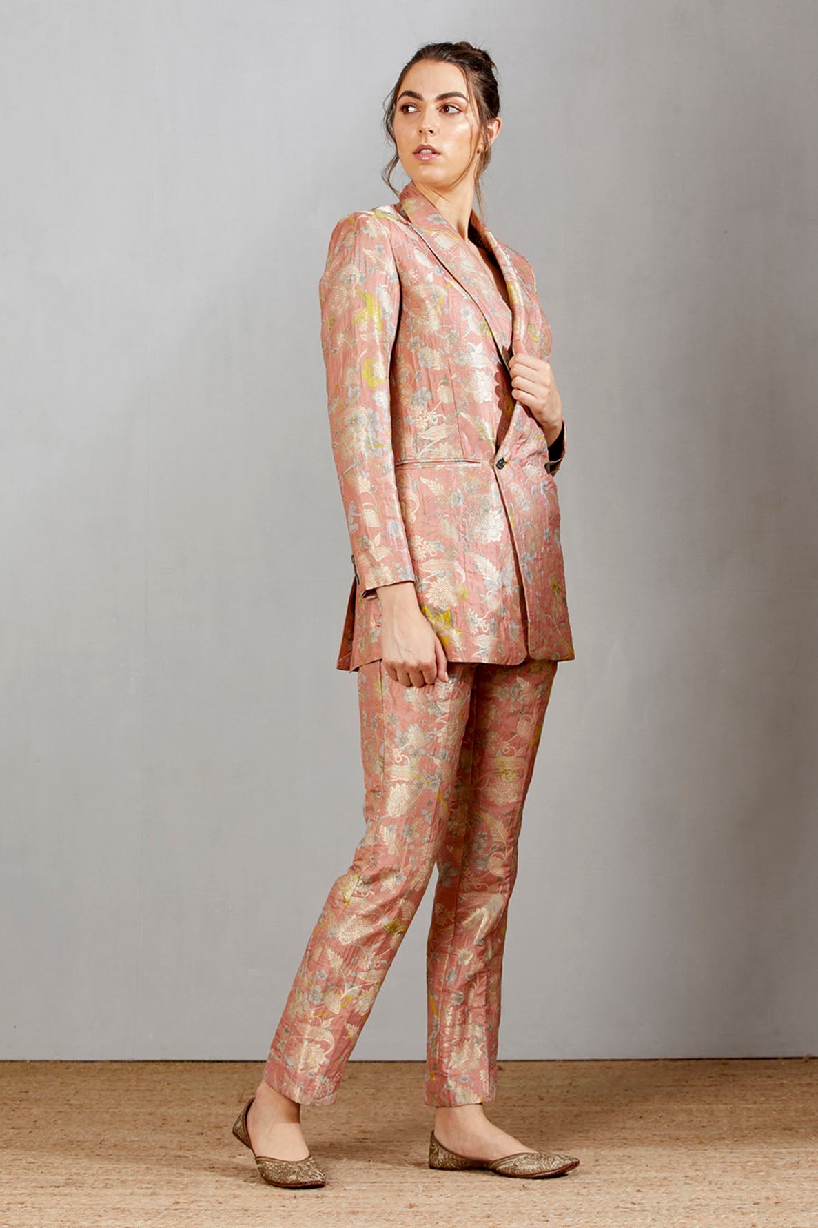 Double Breasted Silk Brocade Blazer in Salmon Pink | Women's Formal Business Jacket | Perfect for Office Wear, Weddings & Special Occasions