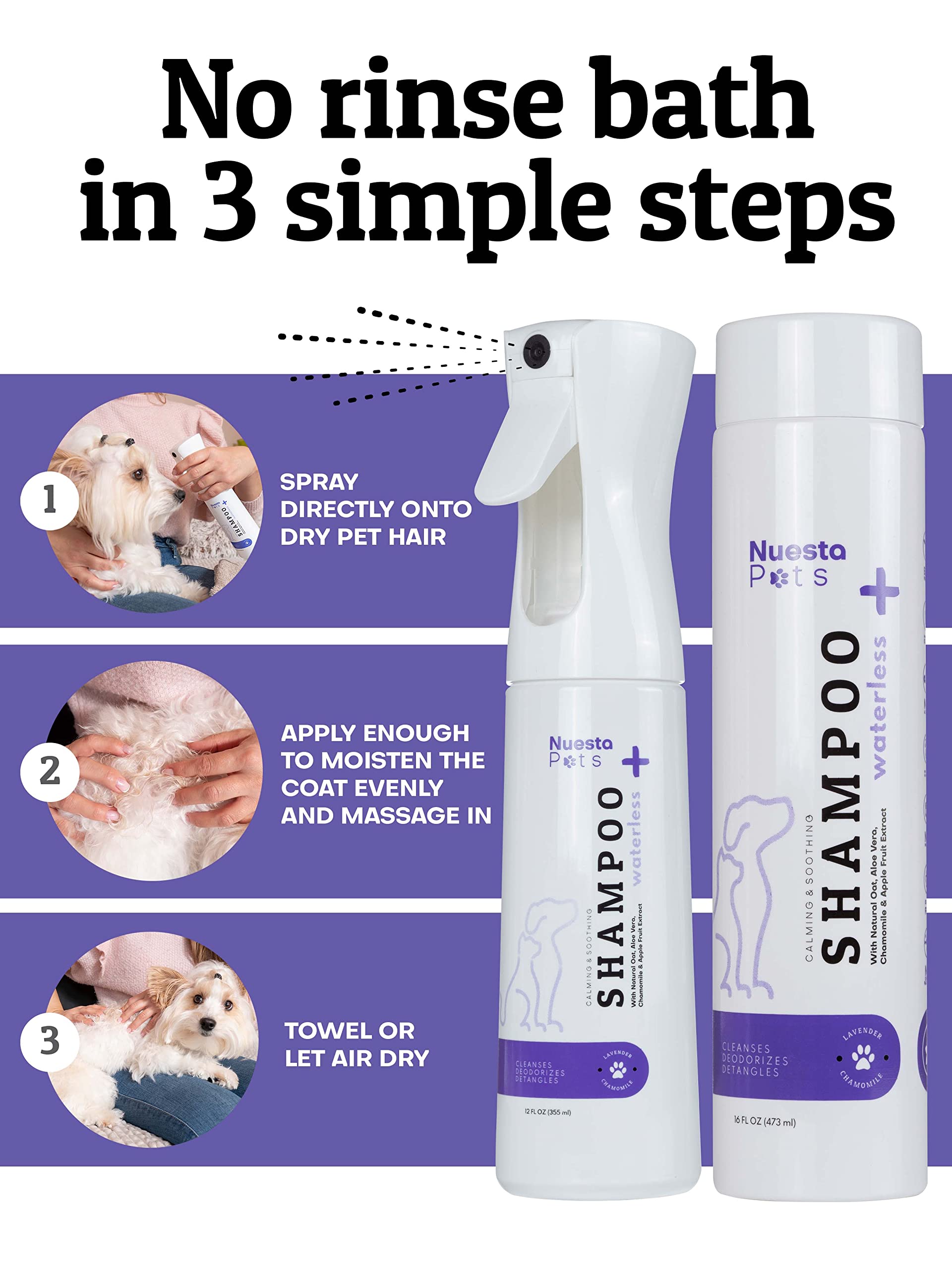 Hypoallergenic Waterless Dog Shampoo for Sensitive Skin - Lavender & Chamomile No Rinse Pet Wash | 4-in-1 Formula Cleans, Moisturizes, Conditions & Deodorizes | Perfect for Travel, Post-Walk Freshening & Between Baths