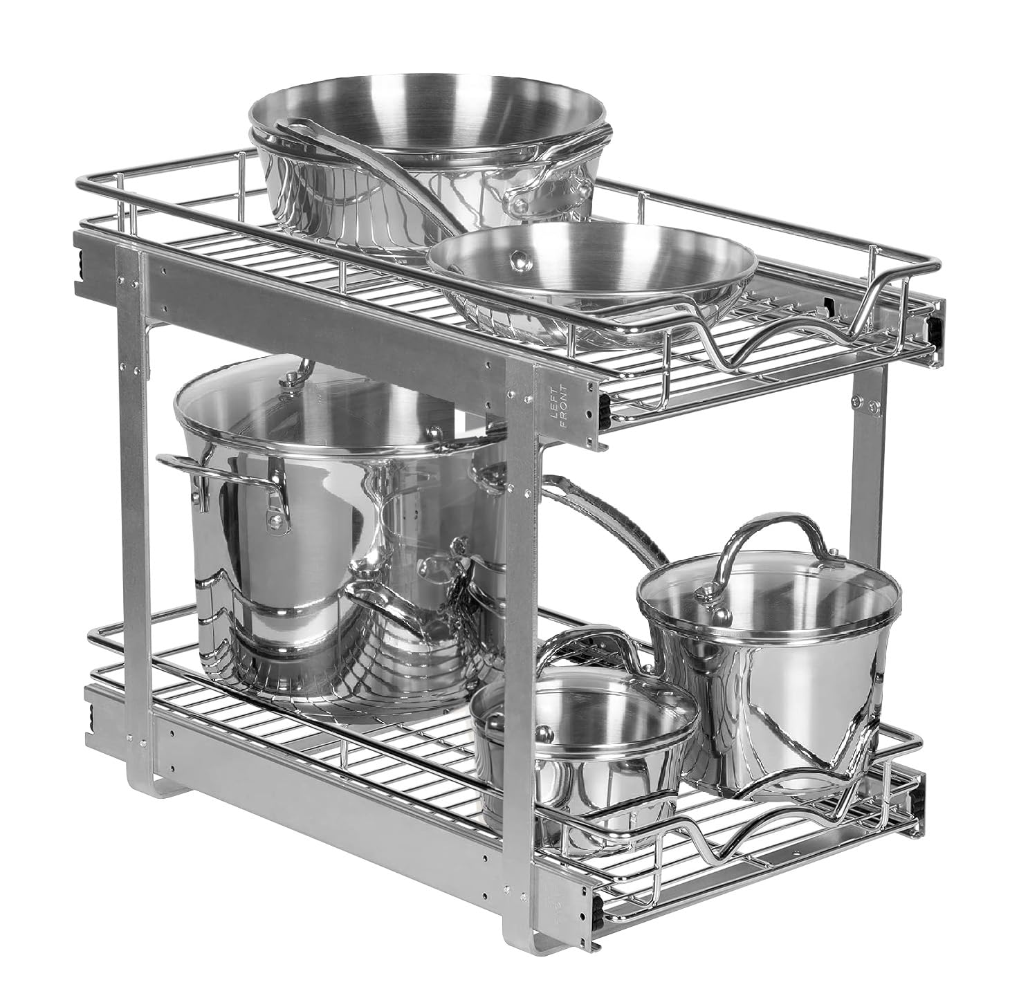2-Tier Pull Out Cabinet Organizer - Heavy Duty Metal, Anti-Rust Chrome Finish for Kitchen & Bathroom Storage