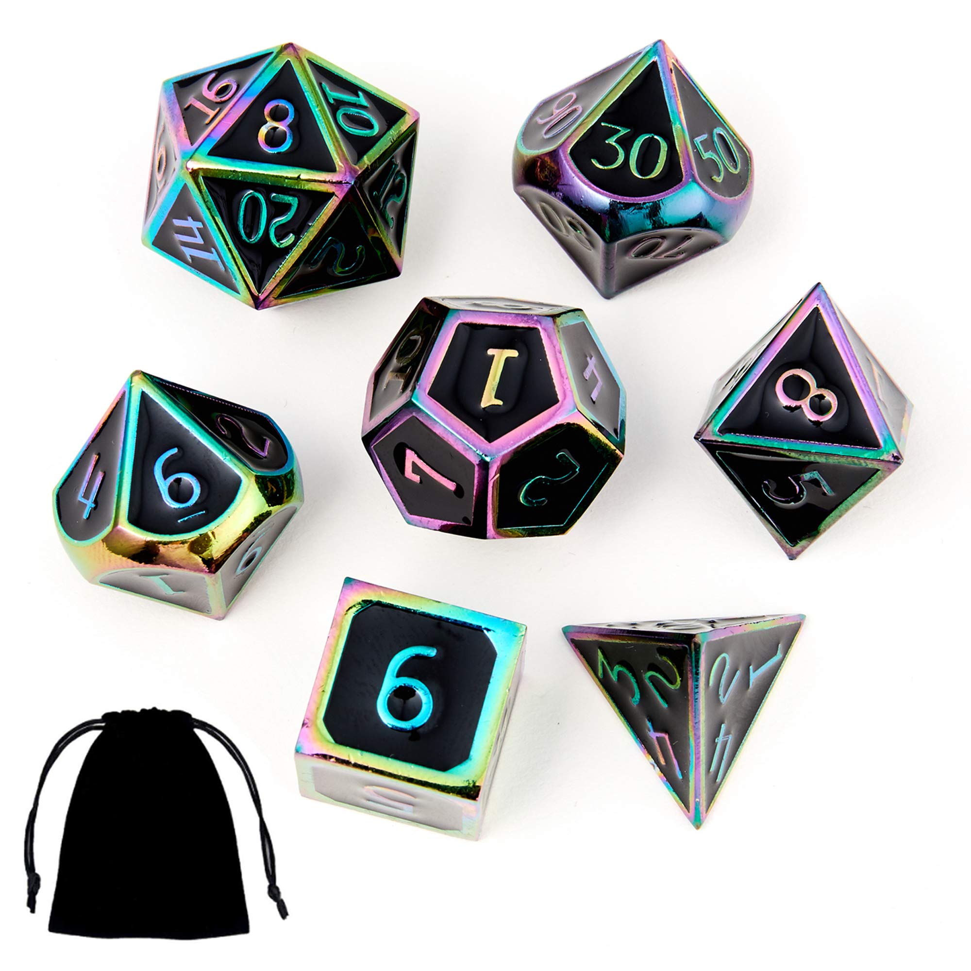 Premium 7-Piece DND Metal Dice Set for Dungeons & Dragons - Rainbow Numbers on Black Finish, Includes Gift Pouch - Perfect for D&D, Pathfinder & Tabletop RPG Gaming Sessions