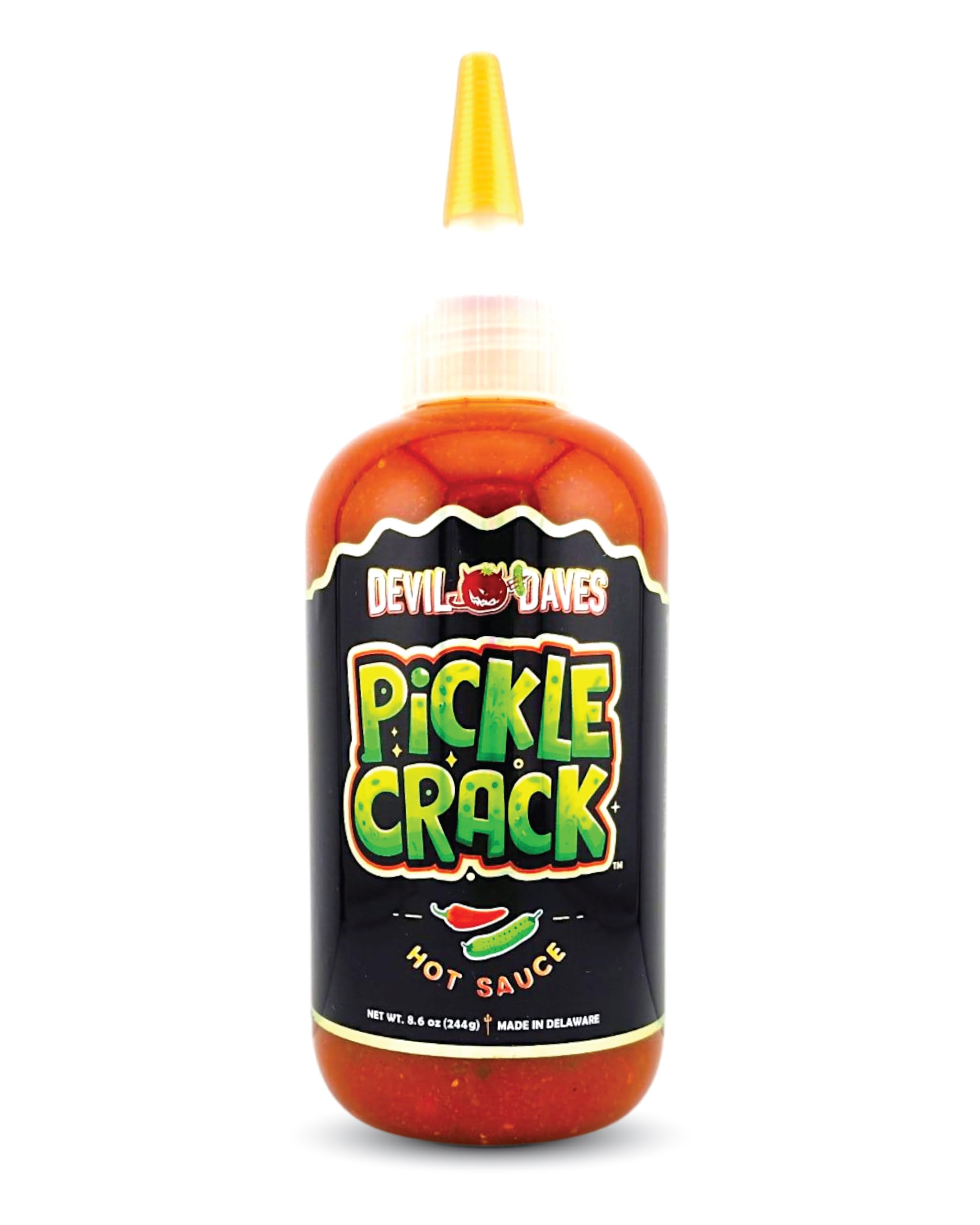 Devil Daves Pickle Crack Hot Sauce - Medium Heat Dill Pickle Flavor, 8.6 Oz Bottle | Perfect for Wings, Burgers, Tacos & Bloody Marys