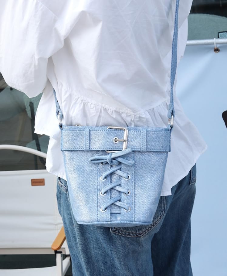 Trendy Y2K Denim Mini Bucket Bag for Women - Retro Jean Shoulder Purse & Crossbody Hobo Handbag | Perfect for Casual Outfits, Street Style & Vintage Fashion Looks