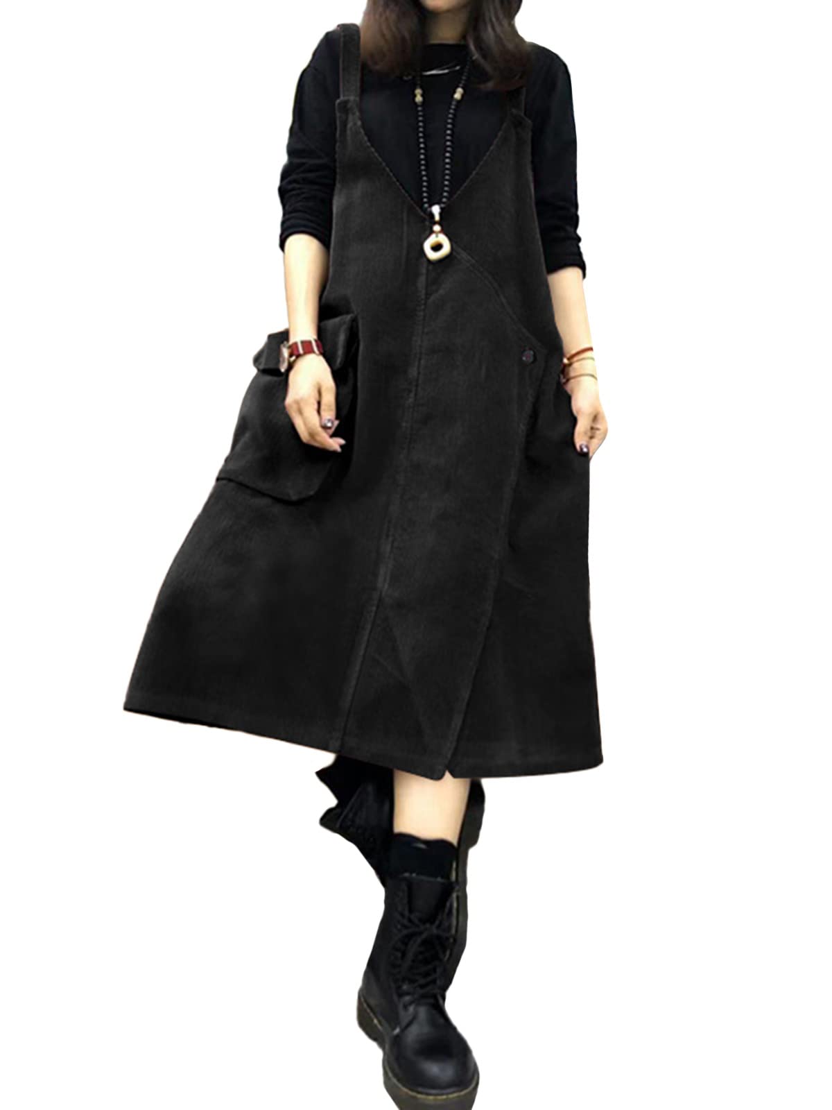 ZANZEA Women's Plus Size Corduroy Pinafore Dress with Button Embellishments - Casual Loose Fit Midi Suspender Dress for Everyday Wear, Office & Fall Outfits