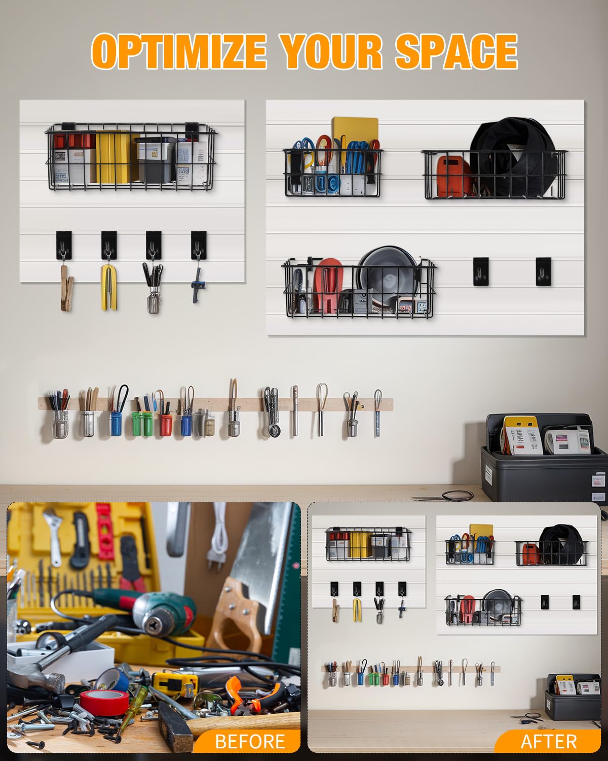 94 Pcs Slat Wall Organizer Set - 4 Black Metal Ventilated Slatwall Baskets & 90 Slatwall Hooks in 3 Sizes (4