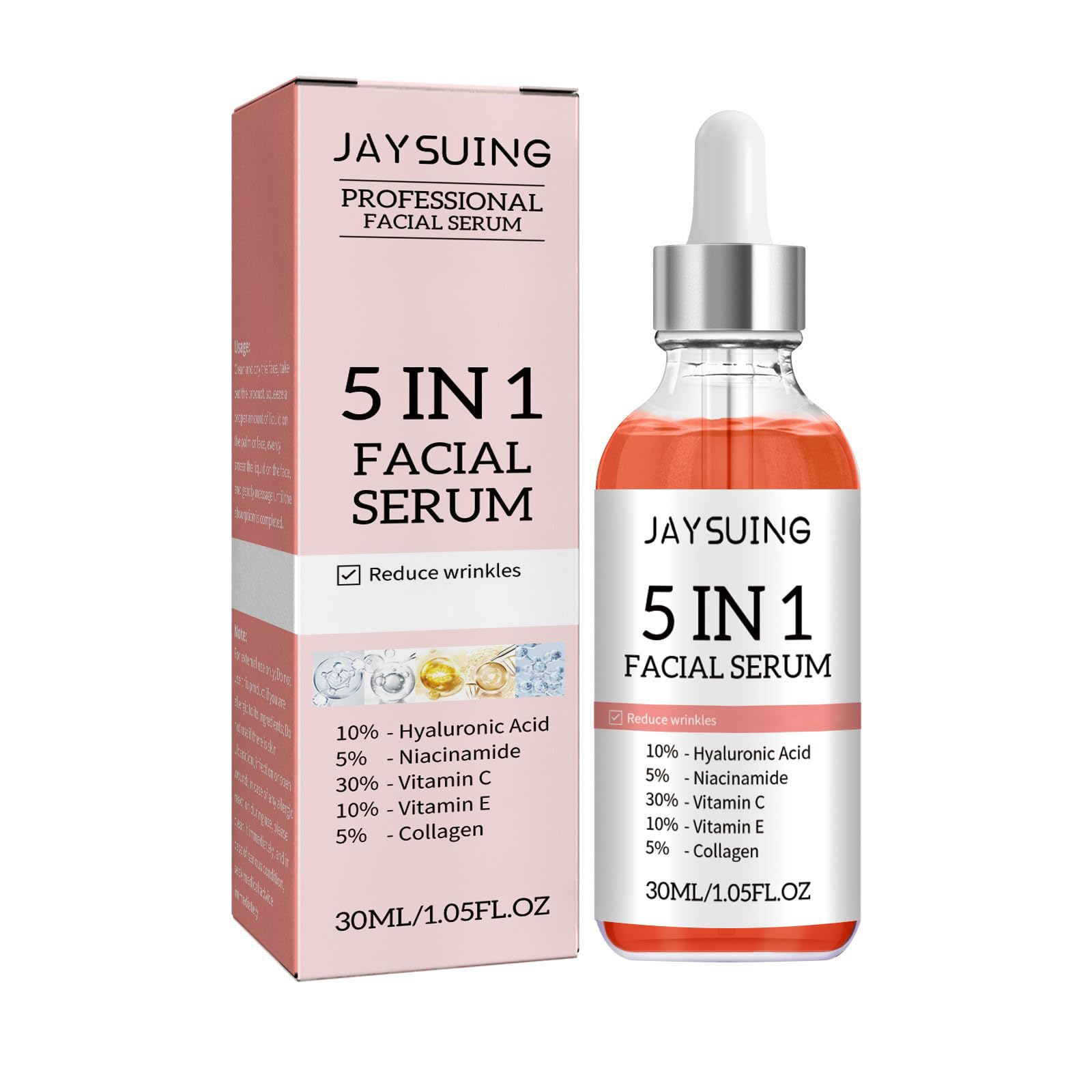 5 in 1 Vitamin C Facial Serum - 30% Vitamin C, Hyaluronic Acid & Niacinamide for Anti-Aging, Wrinkle Reduction & Hydration - Collagen Boosting with Vitamin E - 1.05 Fl.oz - Perfect for Daily Skincare Routine & Nighttime Rejuvenation