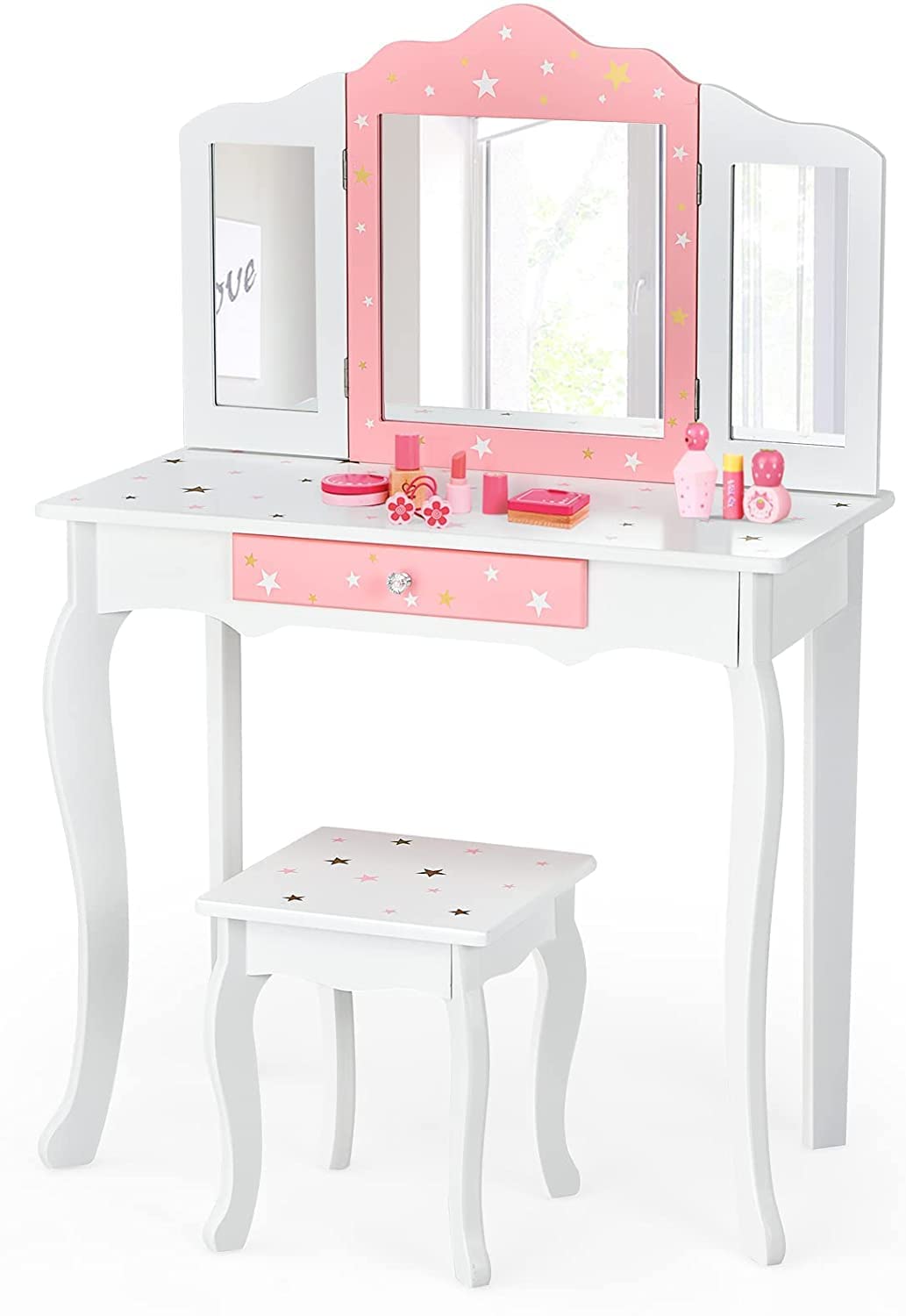 HONEY JOY Kids Vanity Set - Wooden Princess Makeup Dressing Table with Stool, Drawer & Tri-Folding Mirror | Detachable Top for Easy Storage | Pretend Play Toy for Little Girls (White) | Perfect for Bedroom, Playroom & Birthday Gifts