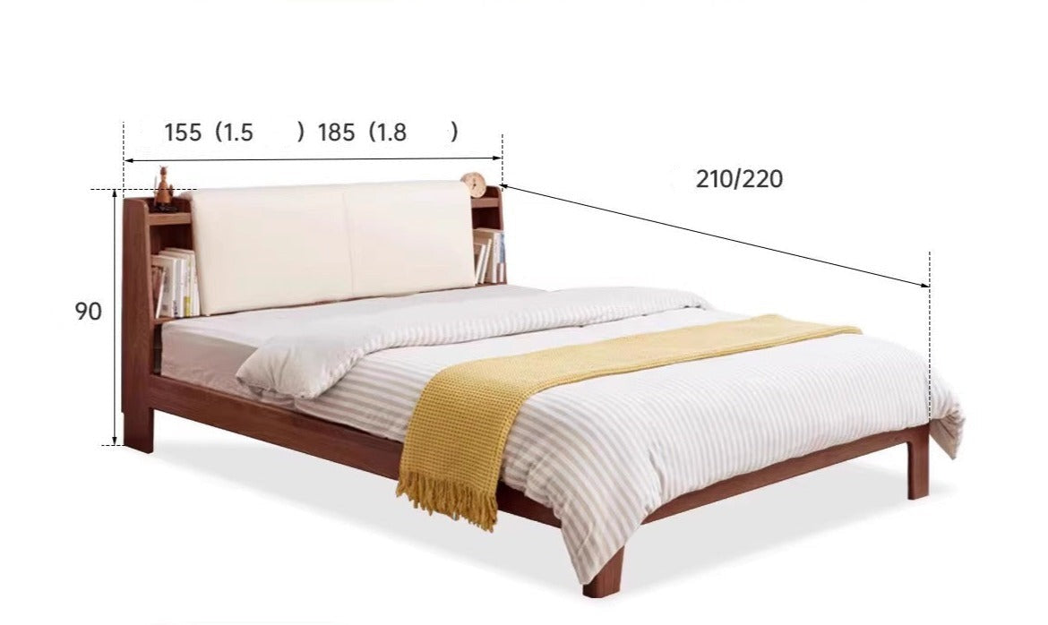 Solid Oak Wood Luminous Bed with Shelf - Genuine Leather & Technical Fabric Headboard - Modern Bedroom Furniture for Master Bedroom, Guest Room, or Dorm