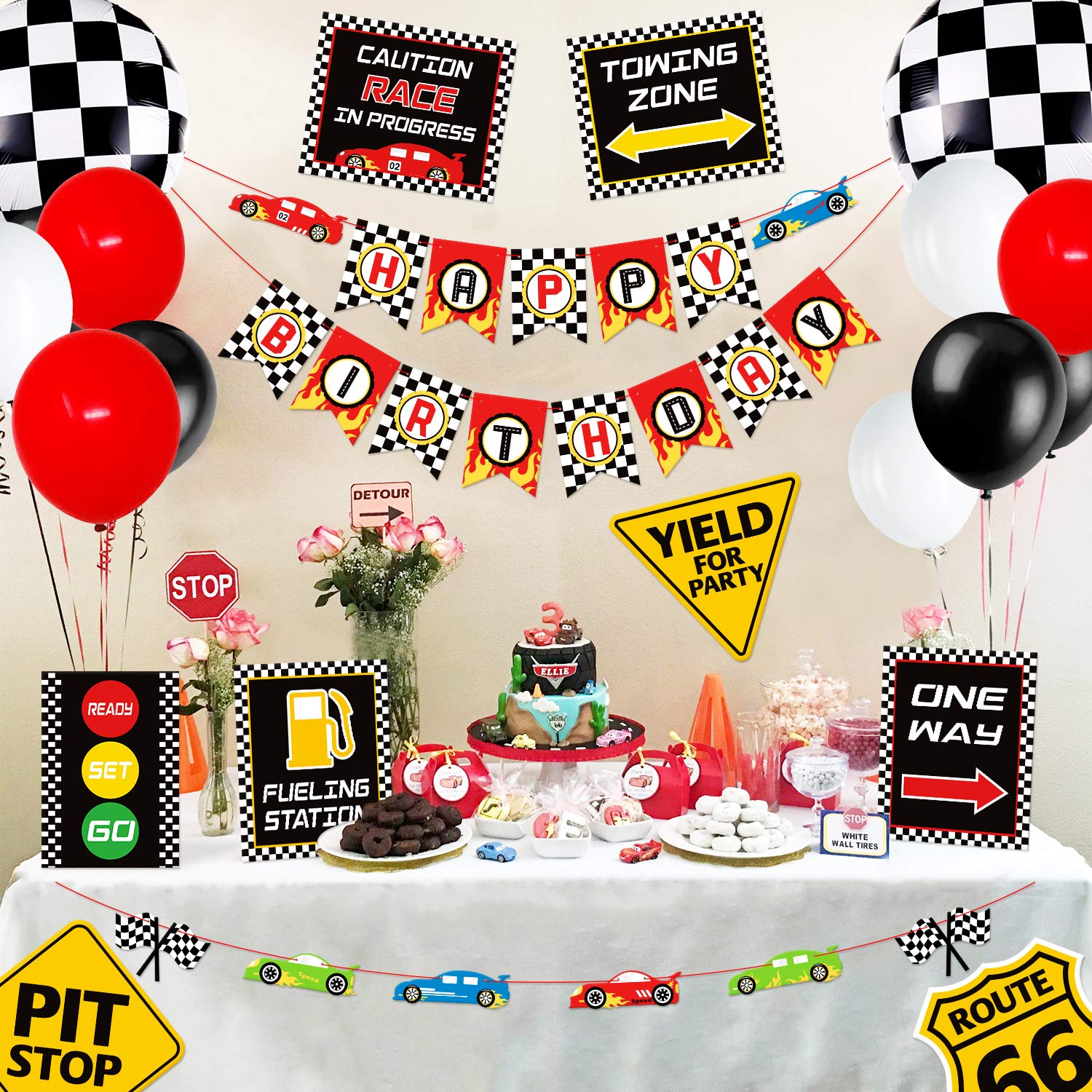 Race Car Birthday Party Decorations Set - Racing Theme Party Signs, Checkered Flags, Balloons & Banner for Boys - Perfect for Kids' Racing Birthday Party, Let's Go Racing Theme Decor & Supplies