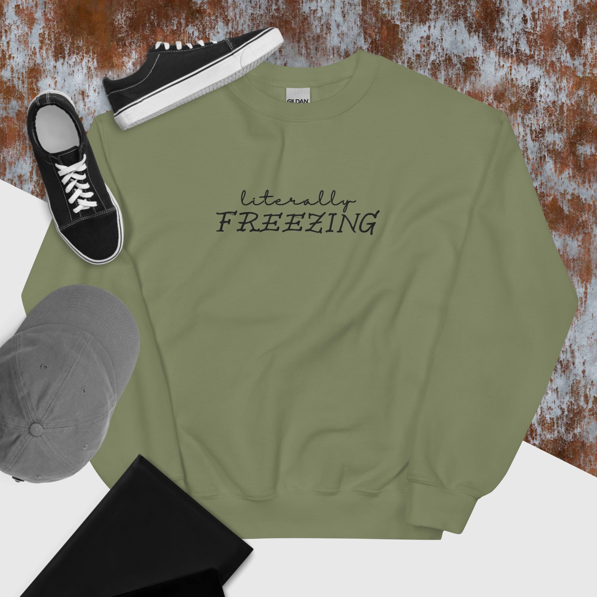 Unisex Embroidered FREEZING Sweatshirt - Cozy Winter Pullover for Men & Women | Perfect for Cold Weather & Casual Outfits
