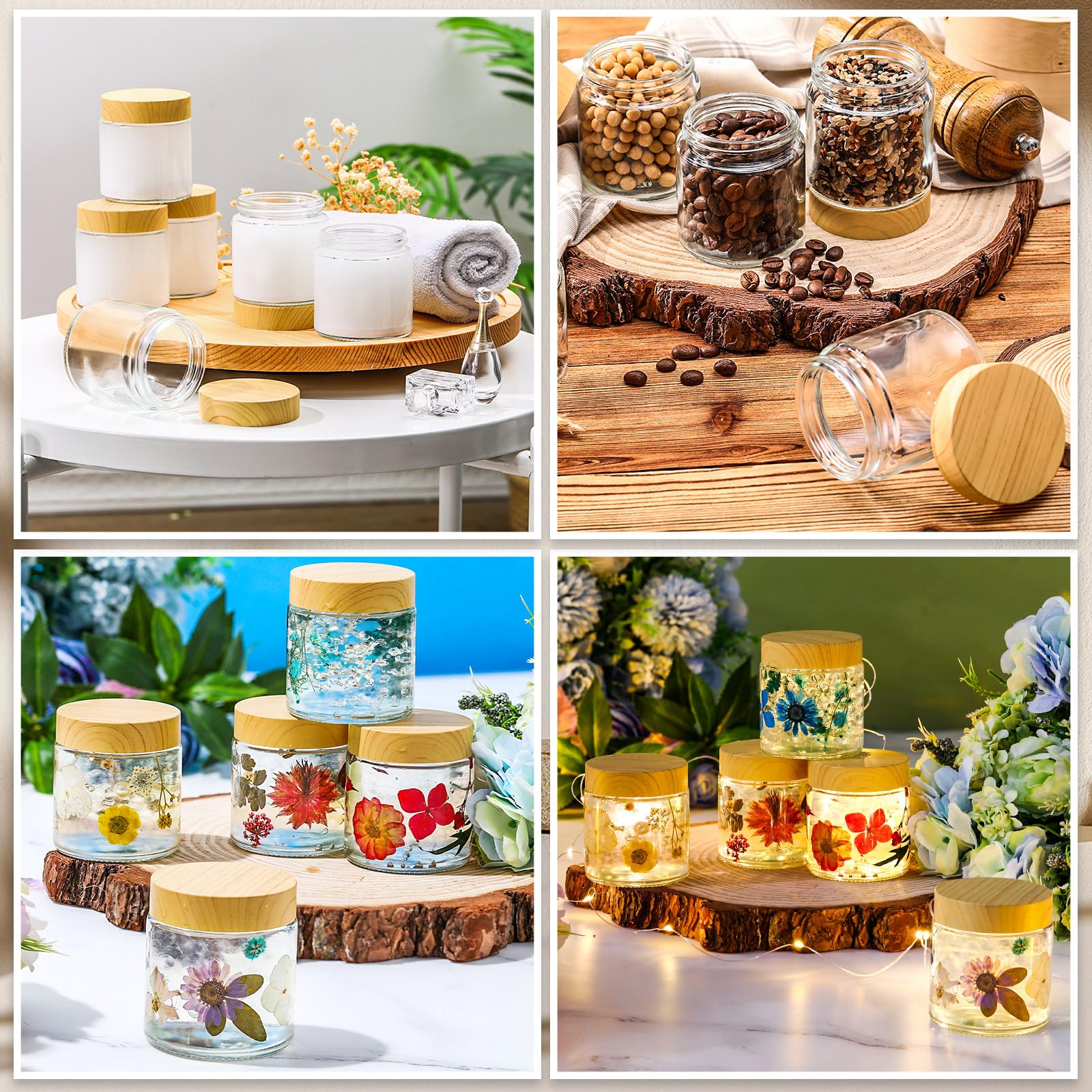 64 Pcs Small Glass Jars with Woodgrain Lids - 4 oz Airtight Cosmetic Containers with Inner Liners | Reusable Empty Jars for DIY Beauty, Travel & Home Storage | Perfect for Creams, Salves, Spices & Crafts