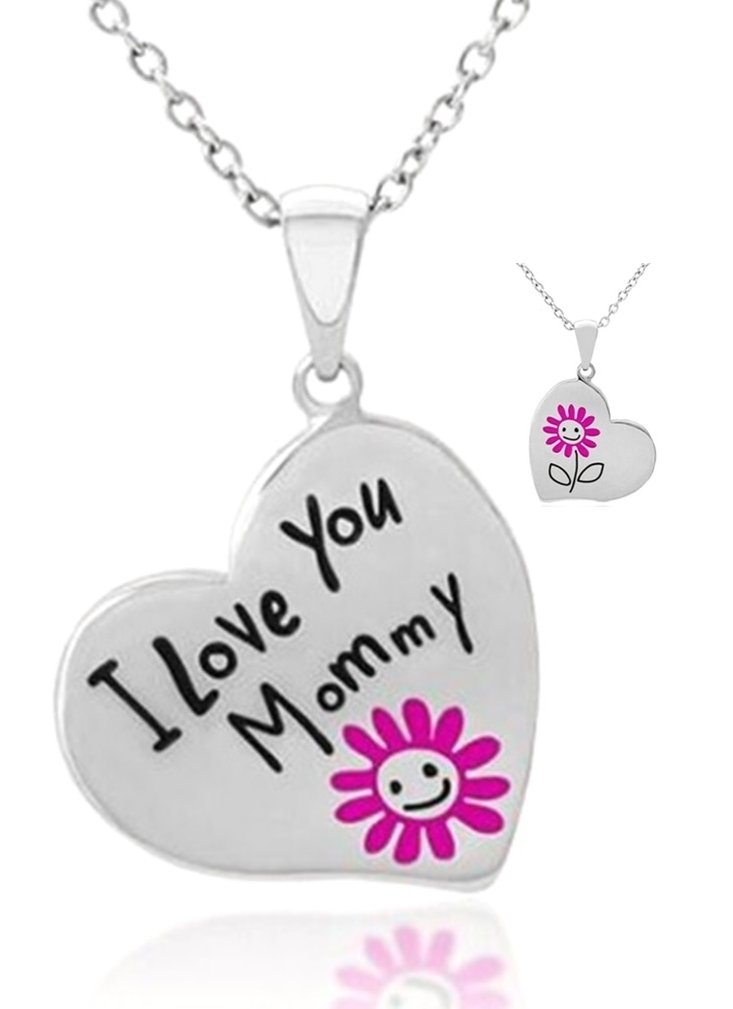 Engraved 'I Love You Mommy' Heart Necklace with Pink Flower Pendant - Mother's Day Jewelry Gift for Mom from Daughter - Best Present for New Moms & Grandmothers - Perfect for Birthdays, Anniversaries and Special Occasions