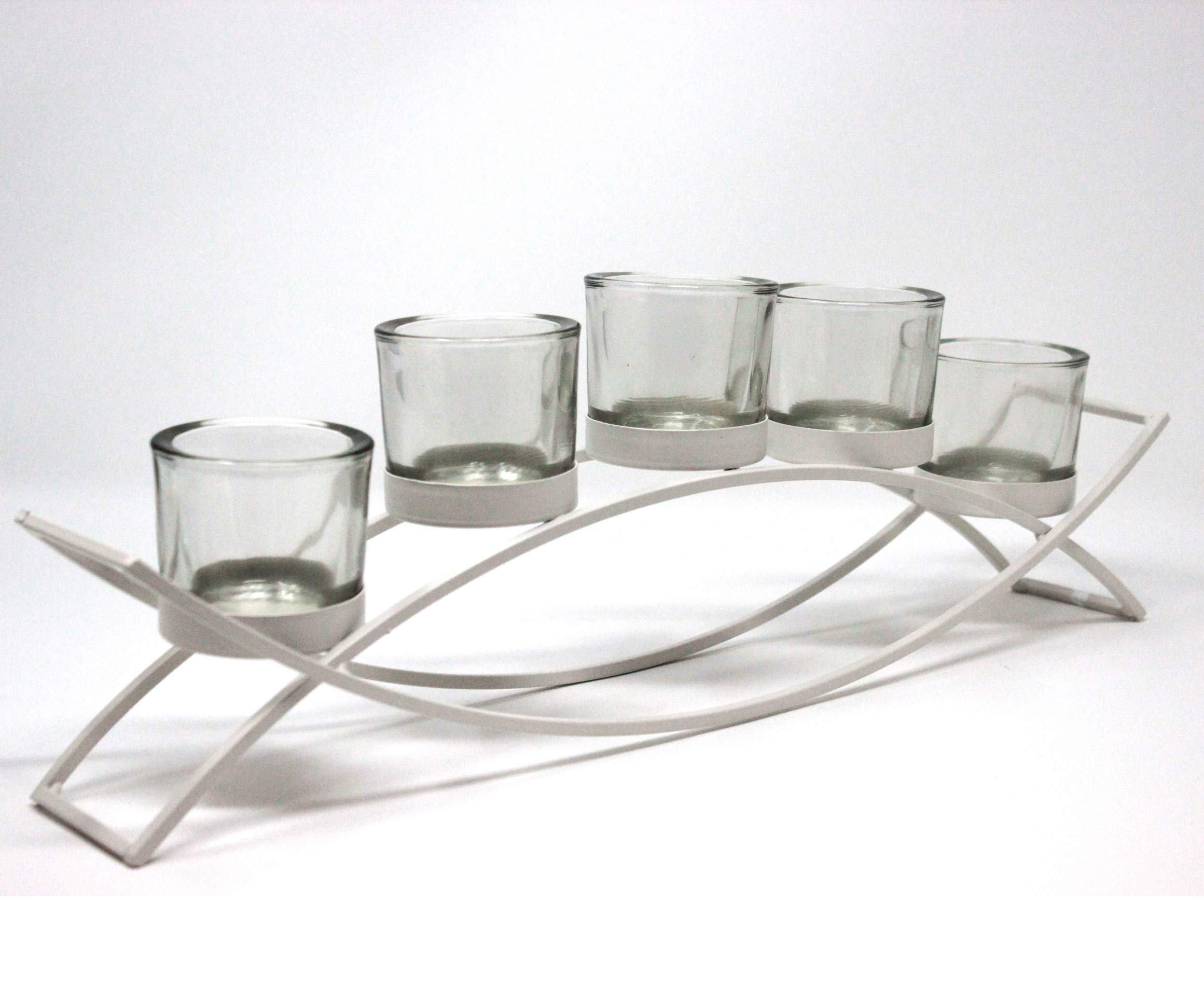 Seraphic Iron Arch Table Centerpiece - Elegant Long Candle Holder for Weddings, Patio, Kitchen, Dining & Coffee Tables - White Clear Chunky 5-Cup Design - Perfect for Romantic Dinners, Outdoor Gatherings & Home Decor