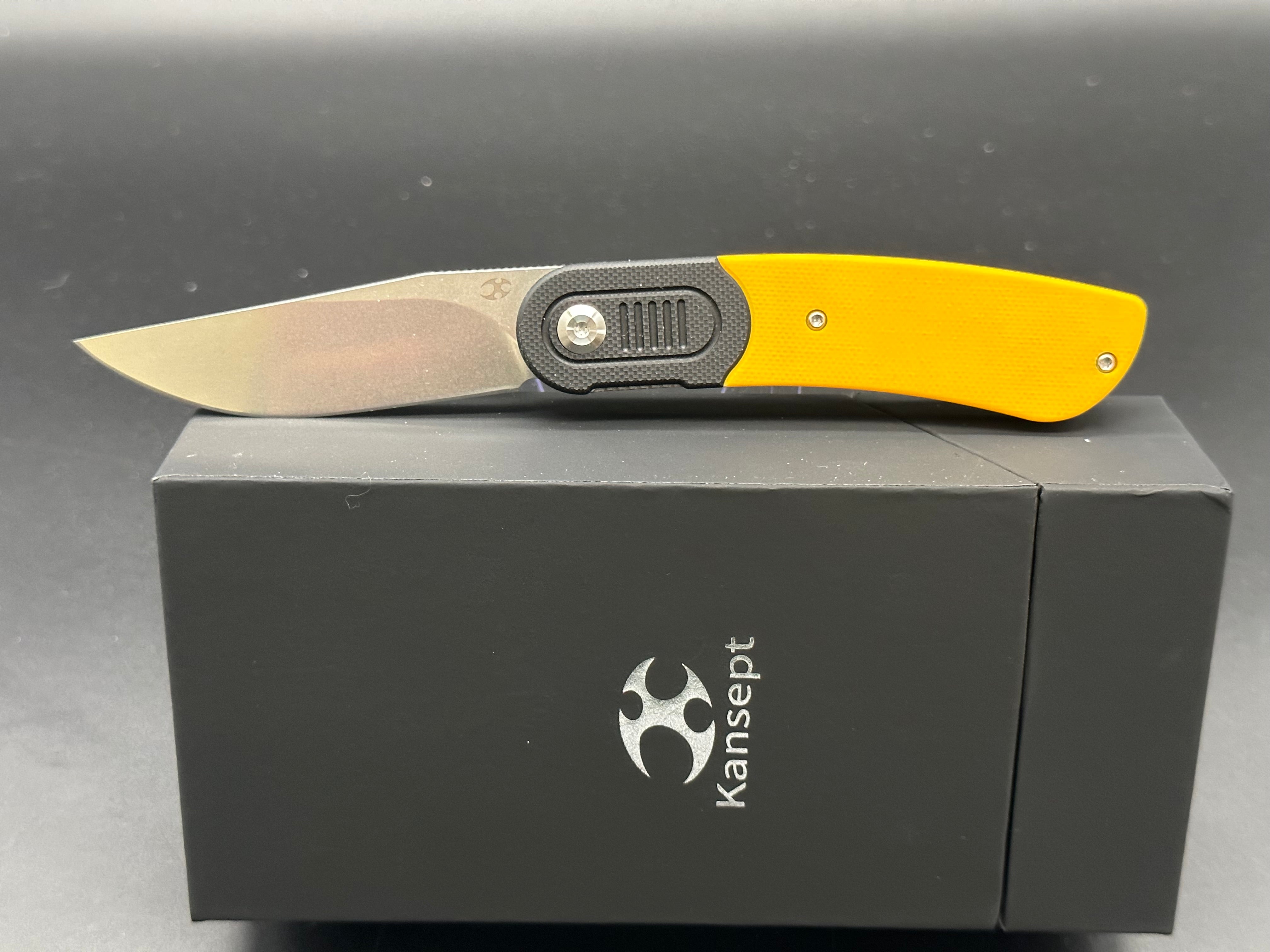 KANSEPT REVERIE Front Flipper Knife - Black & Yellow G10 Handle - EDC Pocket Knife for Outdoor, Camping, and Everyday Carry