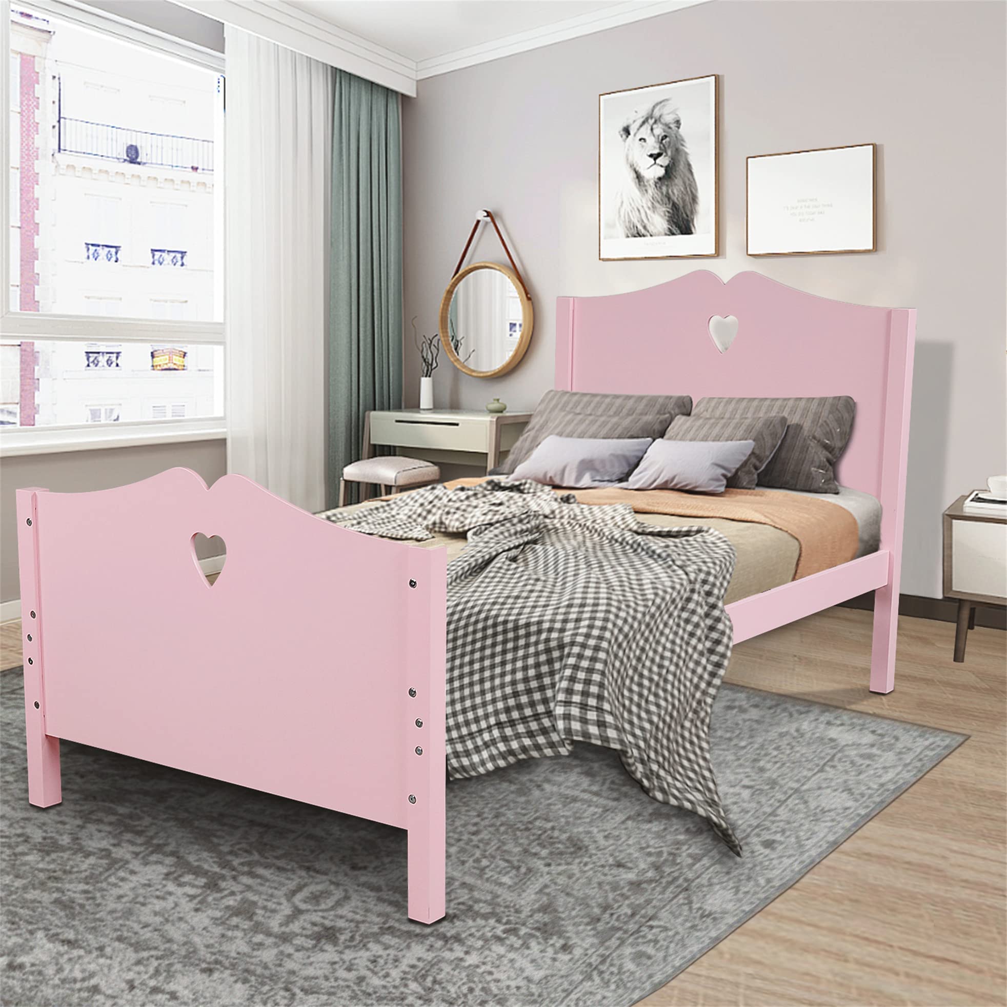 Harper & Bright Designs Twin Bed Frame with Headboard & Footboard - Wooden Platform Bed with Wood Slat Support - Pink Twin Size Bed for Kids, Teens & Guest Rooms - Perfect for Small Spaces & Modern Bedrooms