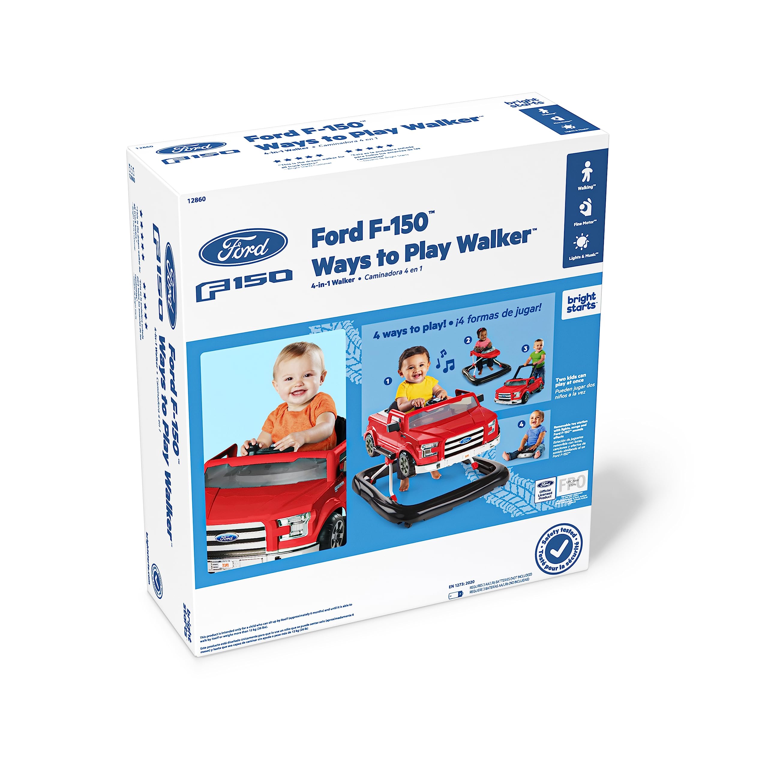 Bright Starts Ford F-150 4-in-1 Red Baby Activity Center & Push Walker with Removable Interactive Steering Wheel - Fun Learning Toy for Infants 6 Months and Up - Perfect for Playtime, Early Development & First Steps