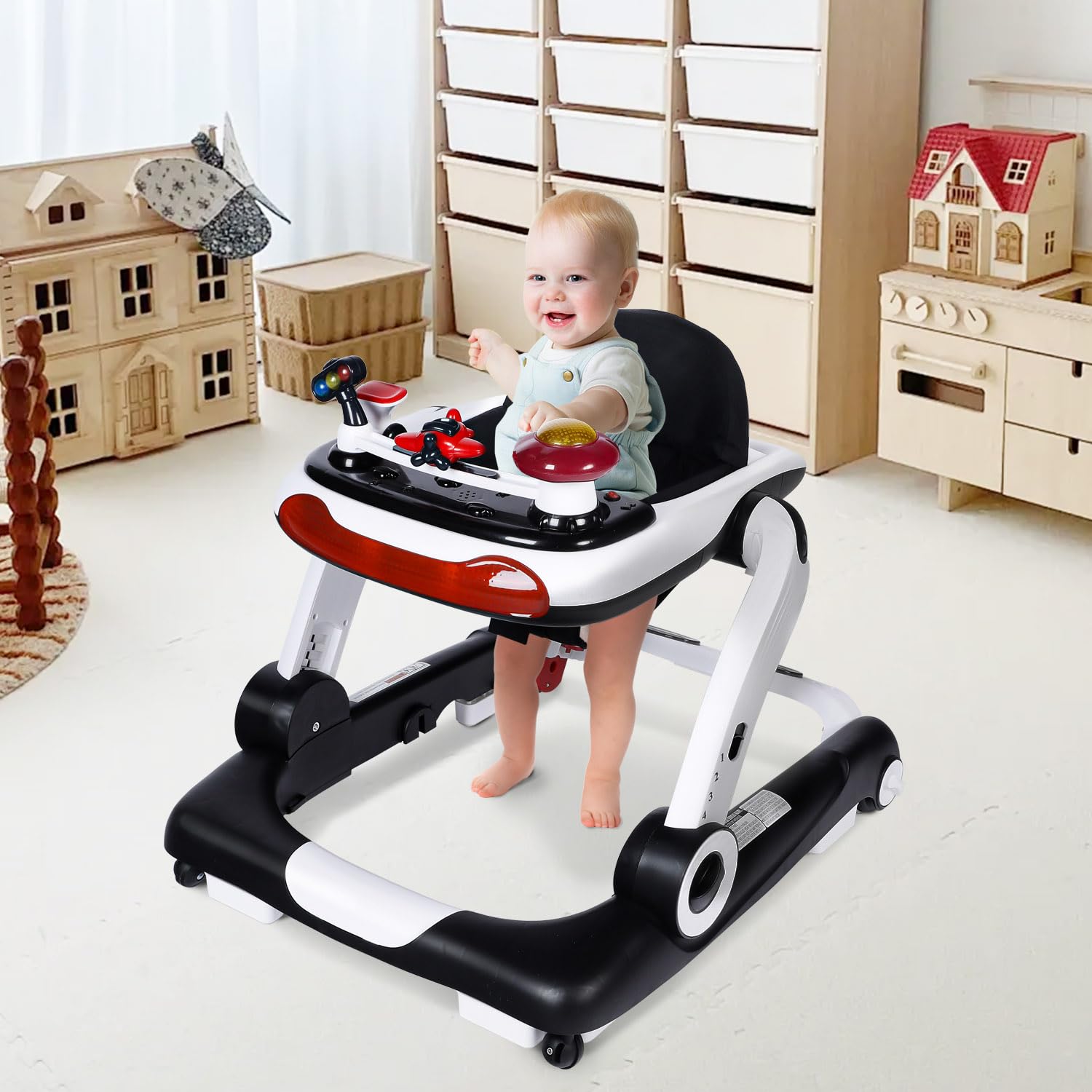 Kinder King 5-in-1 Baby Walker with Music & Lights - Adjustable Height & Seat, Learning-Seated & Walk-Behind Toddler Activity Walker with Safety Bumper & Anti-Rollover Design (Black) - Perfect for Early Learning, Playtime & First Steps