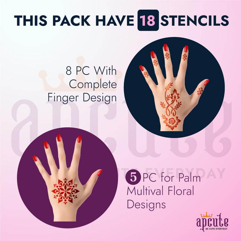 APCUTE 13-Piece Mehndi Stencil Kit | Temporary Henna Tattoo Stencils for Full Hand Designs - Easy 4-Step Application for Women & Girls | Perfect for Weddings, Festivals & Cultural Celebrations