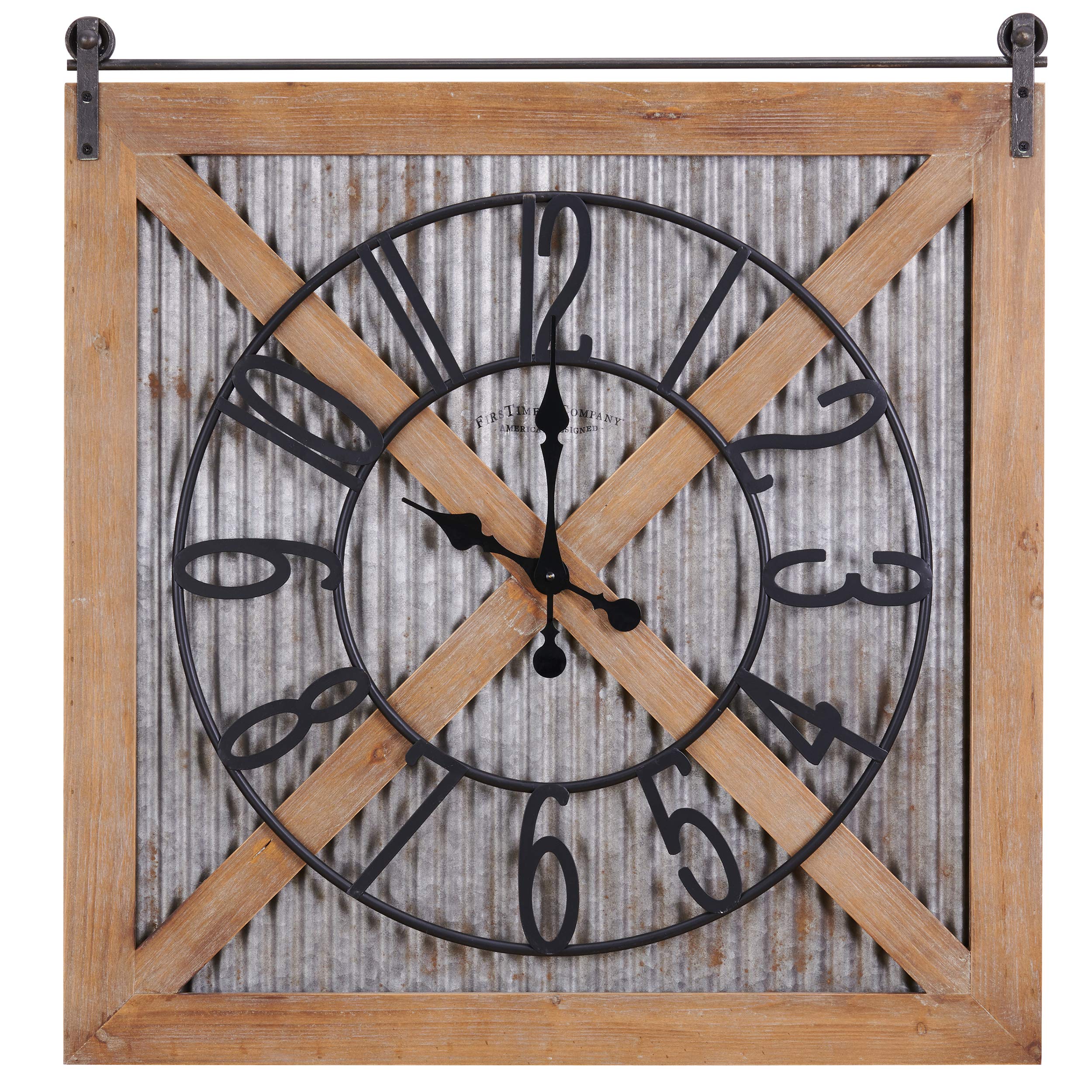 FirsTime & Co. Brown and Silver Fieldhaven Barn Door Wall Clock - 29 x 27 Inch Square Farmhouse Decor for Home Office, Kitchen, Living Room, Bedroom - Rustic Wood and Metal Wall Clock Perfect for Country Style Homes and Cozy Spaces