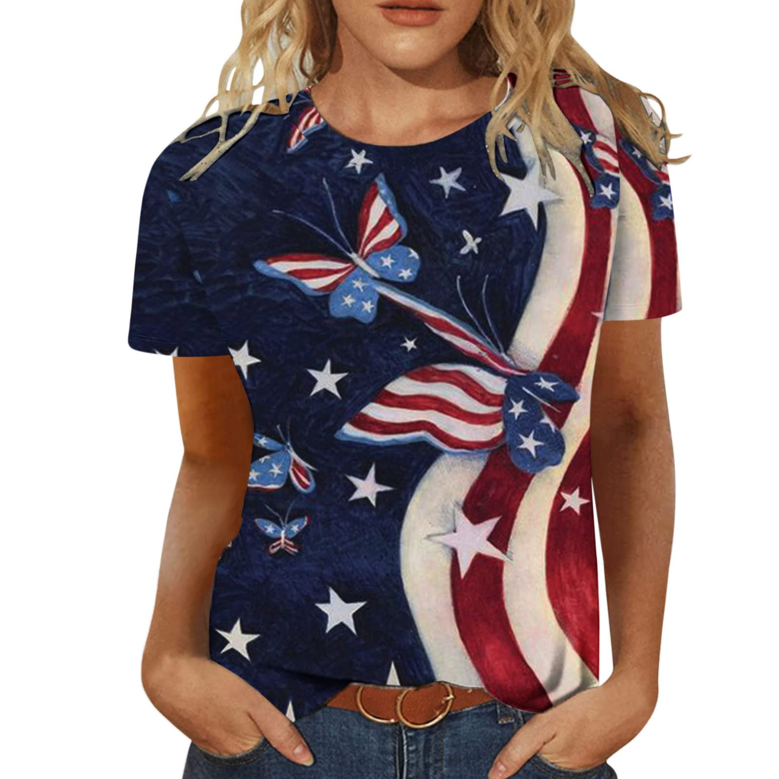 HFHAPW Women's Summer Tops - Sexy 3/4 Sleeve Graphic Blouse, Casual Crewneck Tunic Tee for Work, Dating & Vacation | Trendy Mid-Length Shirts