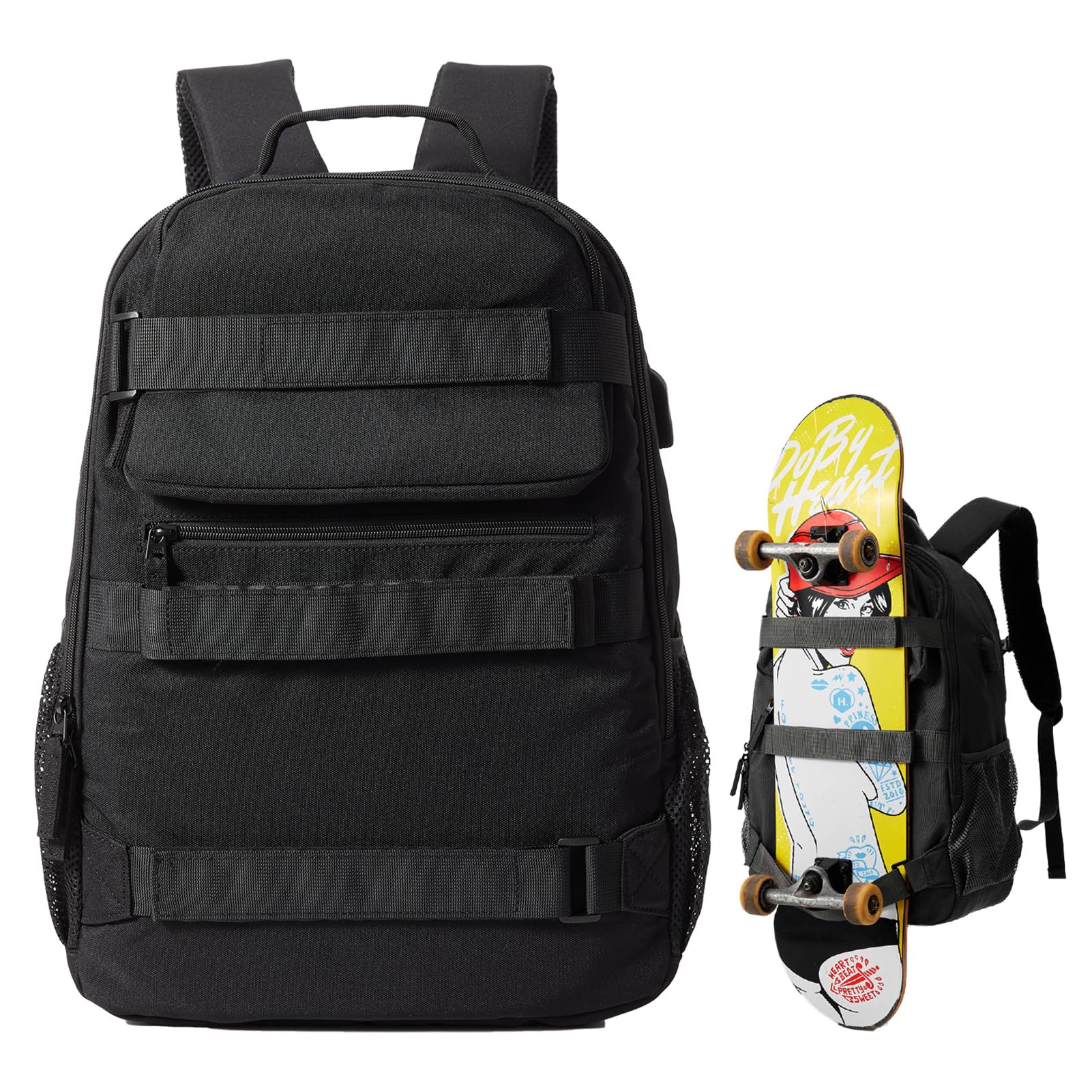 **Skateboard Backpack for Men & Women - Large Durable Skateboard Bag with USB Charging Port, Laptop Compartment - Perfect for Skateboarding, College, Travel & Commuting (Black)**