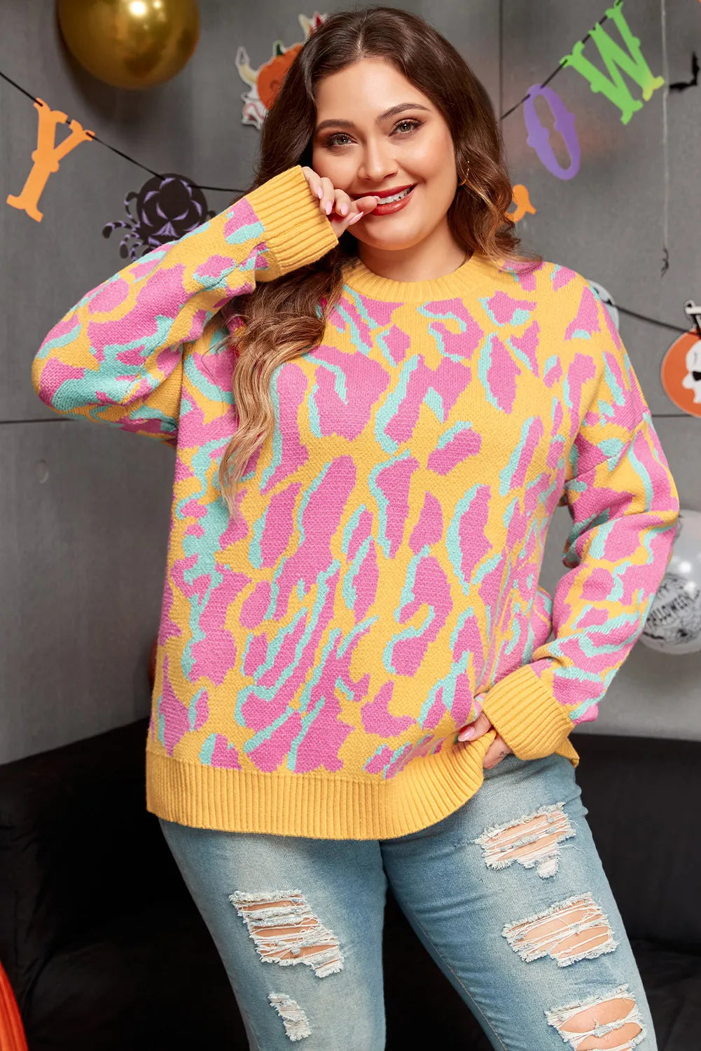 Plus Size Women's Contrast Round Neck Long Sleeve Sweater - Cozy Fall Winter Knit Pullover for Casual Outfits & Office Wear