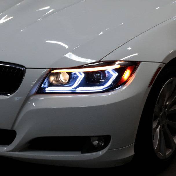 Spec D Tuning LED Headlights for 2006-2011 BMW E90 3 Series Sedan - 3D Iced Dual Projector Headlamps with Matte Black Housing & Clear Lens - Upgrade for Night Driving & Custom Styling