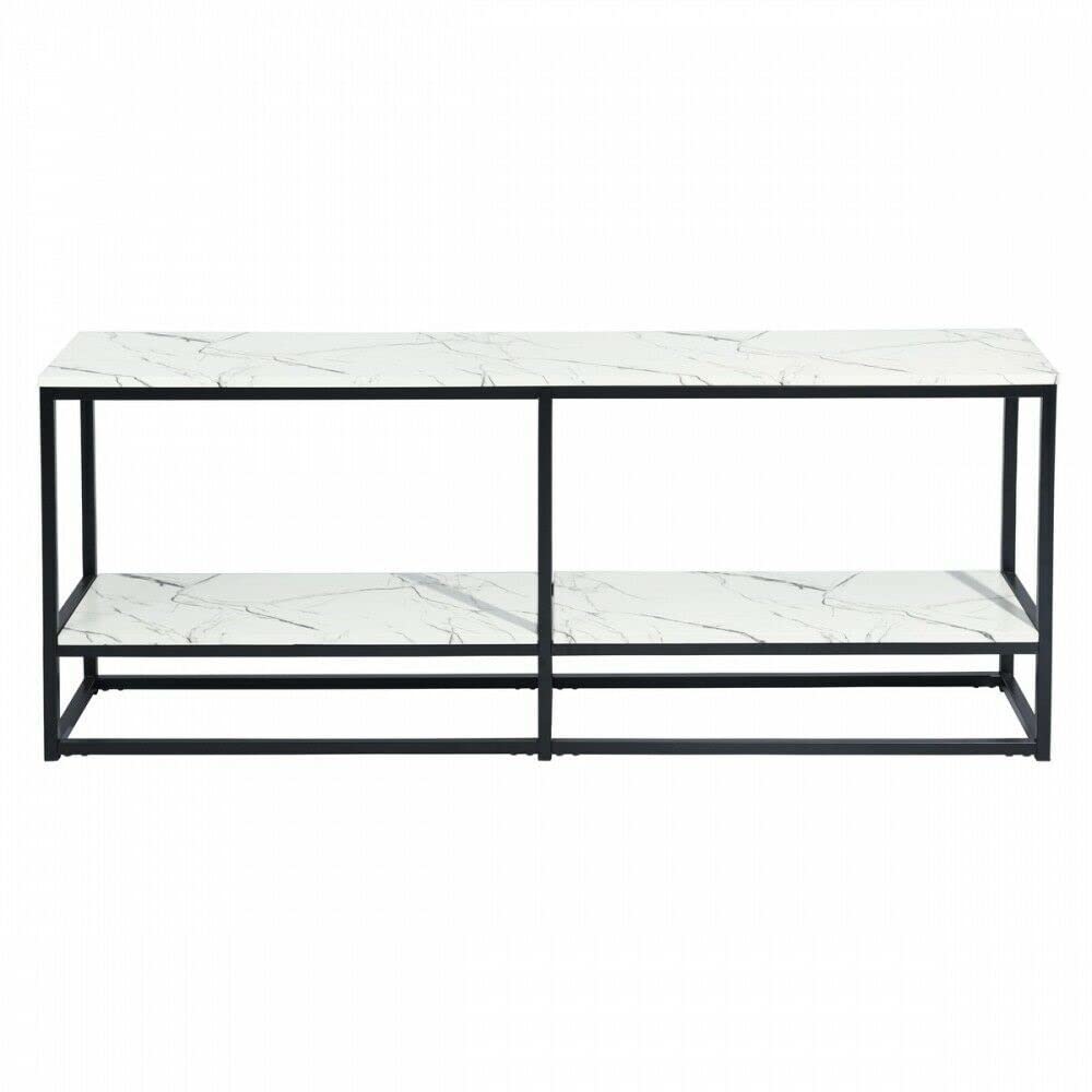 Modern TV Stand with Open Storage Shelf - White Fake Marble Top & Black Metal Frame Entertainment Center Console Table for Living Room, Bedroom, Home Theater