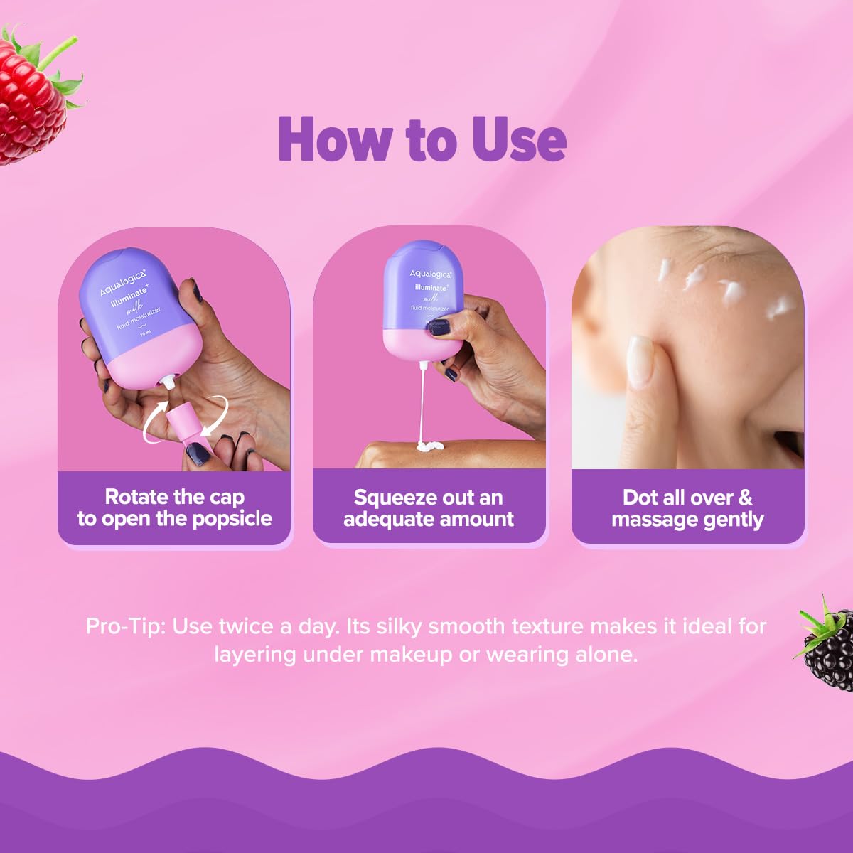 Aqualogica Illuminate + Milk Fluid Moisturizer with Wild Berries & Alpha Arbutin – Lightweight Hydrating Face Cream for Oily to Combination Skin | Brightens & Evens Skin Tone | 48-Hour Deep Moisturization | Non-Sticky Formula | 70ml | Perfect for Daily Skincare Routine & Glow Boosting