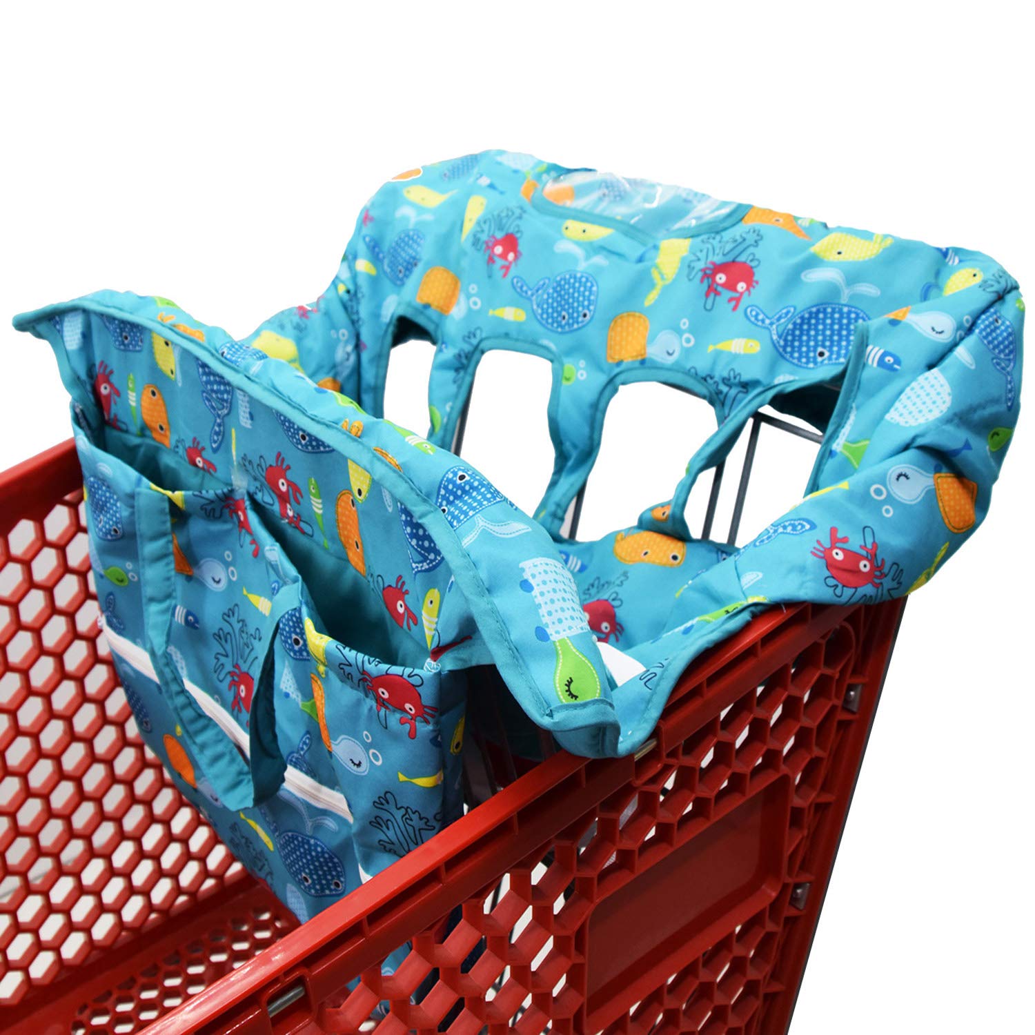 Twin Double Baby Shopping Cart Cover for Siblings with Carrying Case - Fits Costco & Sam's Club Warehouse Carts - Blue Sea World Design for Grocery Shopping & Mall Outings