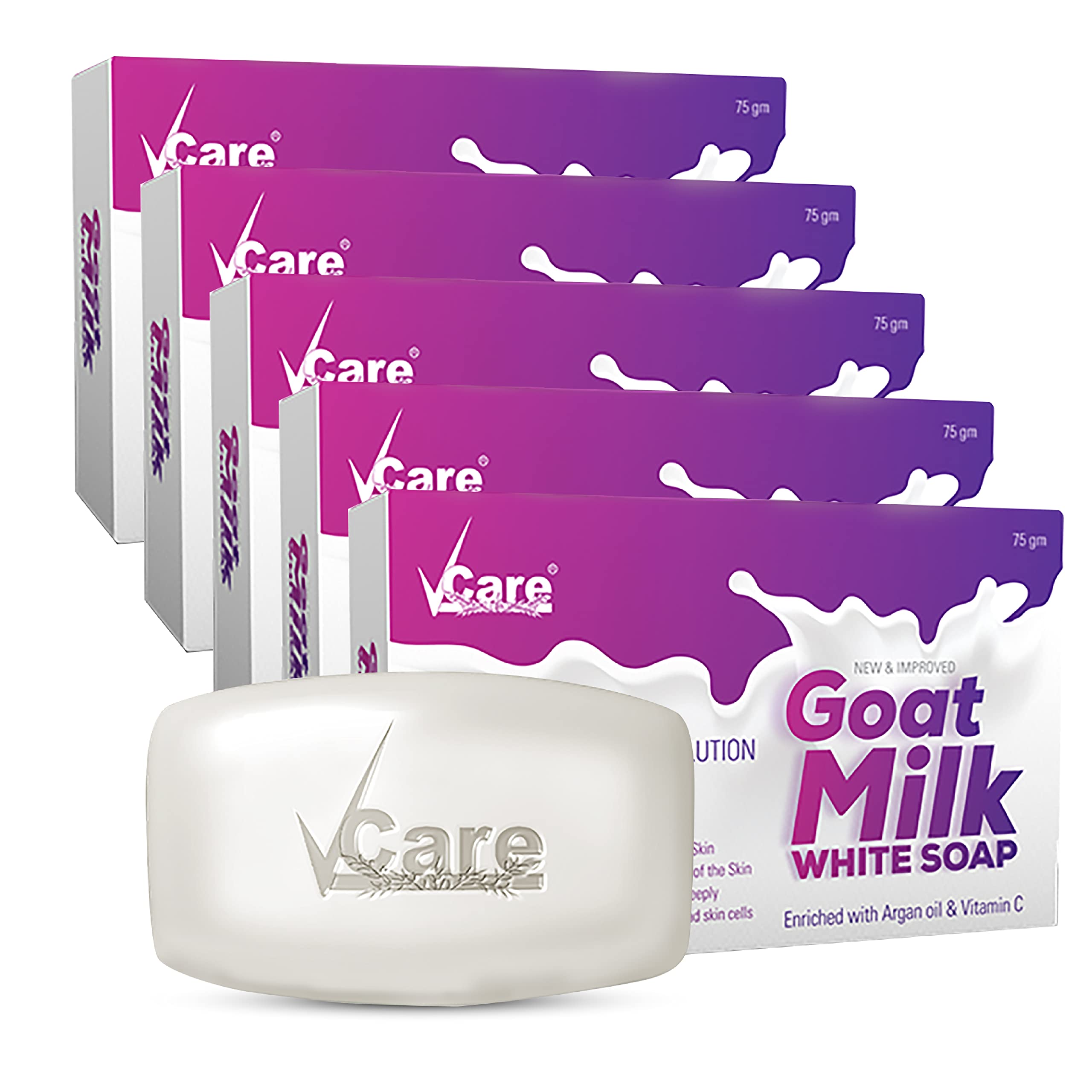 VCare Goat Milk Soap Bar with Vitamin C & Argan Oil - Deep Exfoliation & Hydration for Women & Men | Sulfate Free, Paraben Free, Natural Bath Soap - 75g (Pack of 5) | Gentle Cleansing for Dry, Sensitive Skin & Daily Face & Body Care