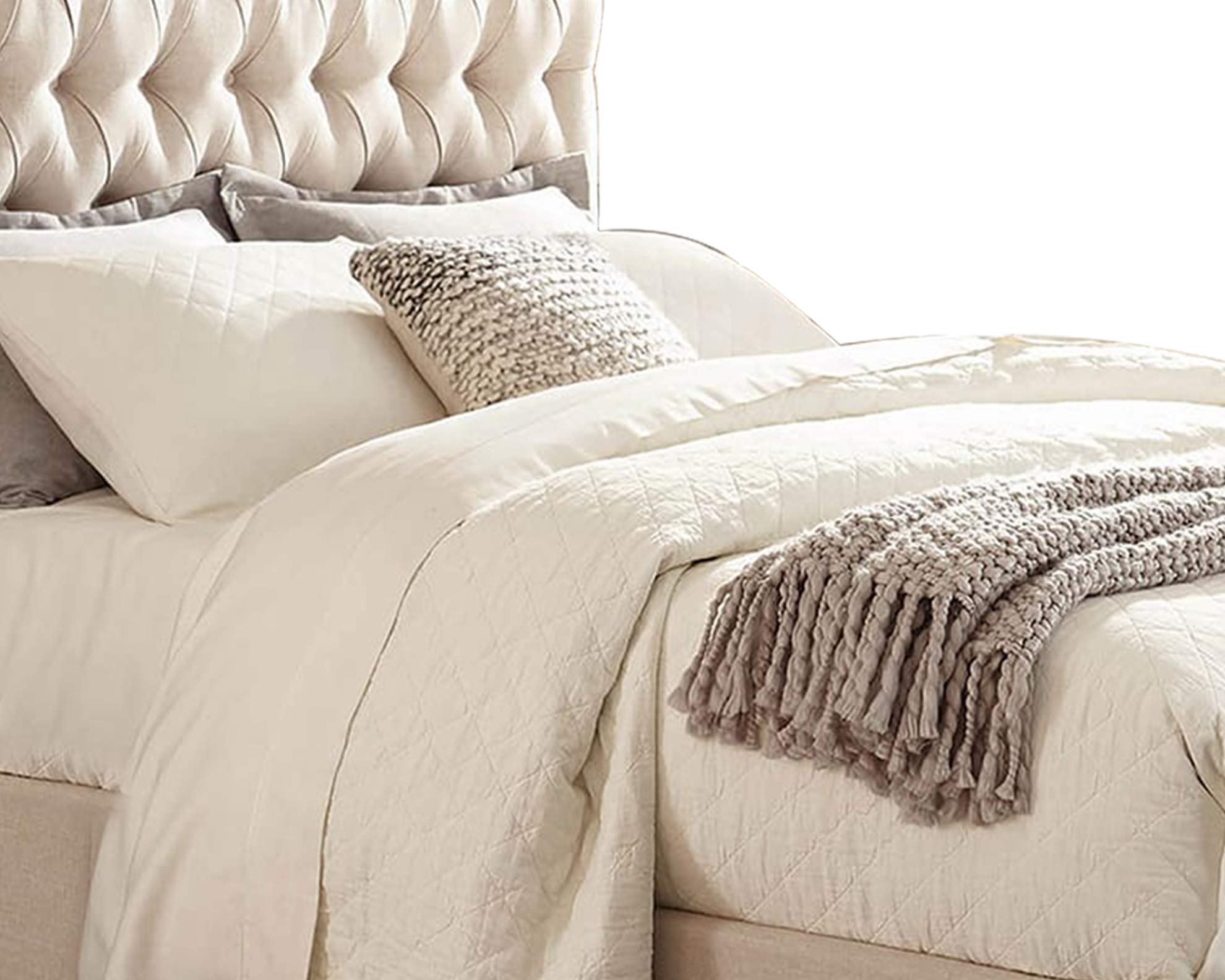Benjara Beige Fabric Upholstered Queen Size Wooden Bed with Button Tufted Headboard - Elegant Bedroom Furniture for Master Bedroom, Guest Room & Home Decor