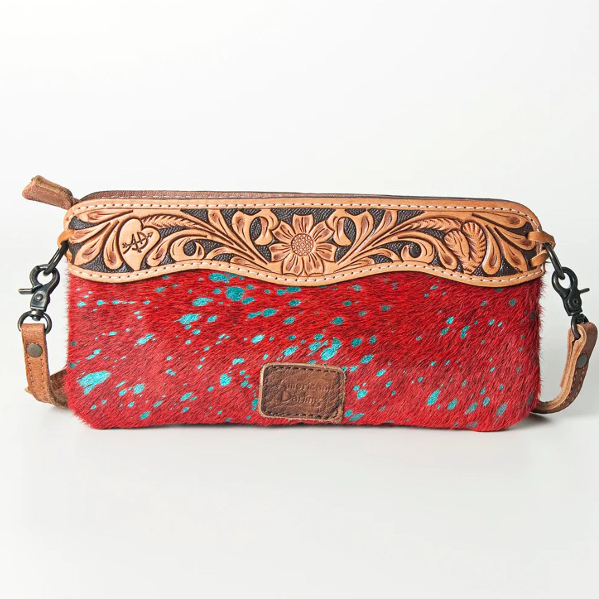 American Darling Red & Turquoise Cowhide Clutch - Stylish Leather Handbag for Women, Perfect for Parties, Weddings & Evening Events