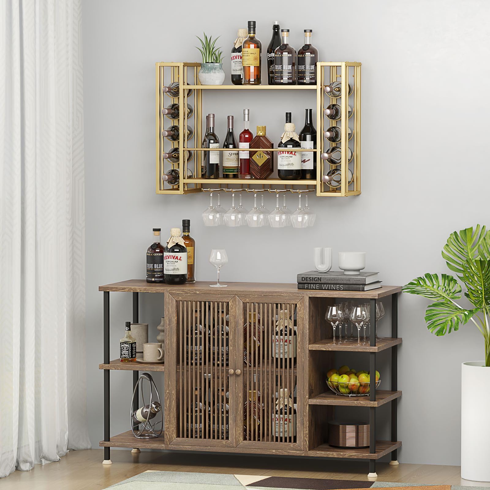 Wall Mounted Wine Rack - Floating Bar Shelf with Glass Holder | Metal Bottle Storage Display for Home Bar in Gold | Perfect for Kitchen, Dining Room & Entertainment Areas