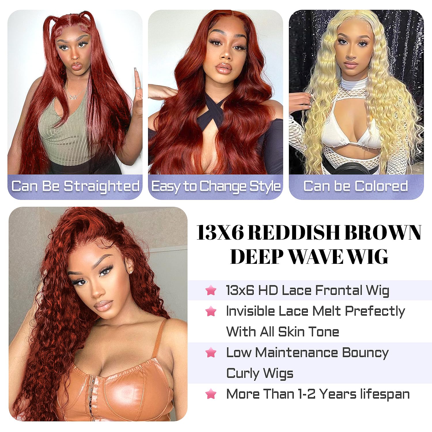 Sathen 13x6 Reddish Brown Lace Front Wigs Human Hair - 200% Density Deep Wave Human Hair Wig for Women, 24 Inch, Pre-Plucked with HD Lace - Perfect for Daily Wear, Cosplay, and Special Occasions