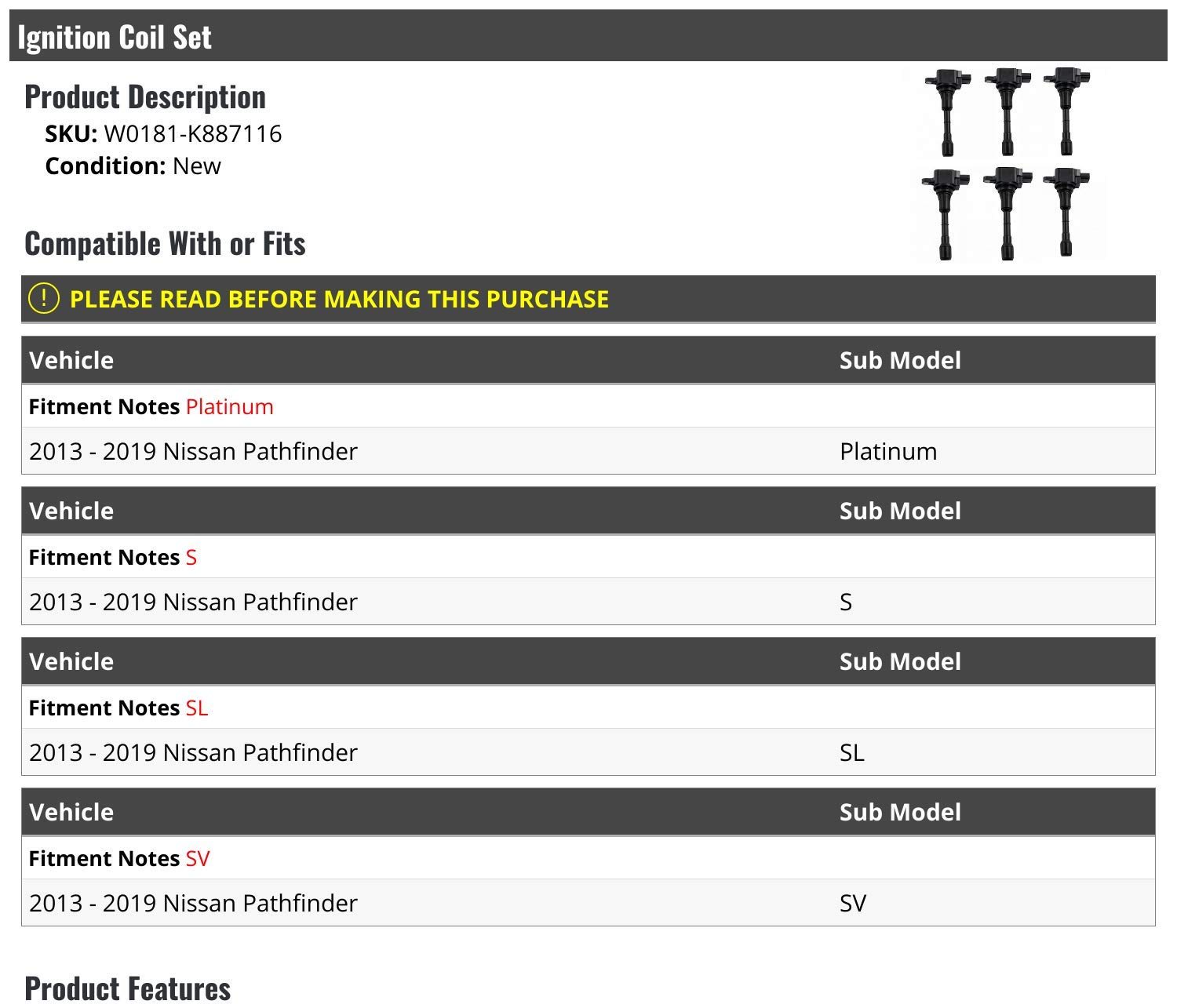 High-Performance Ignition Coil Kit (6-Piece Set) - Compatible with 2013-2019 Nissan Pathfinder - Perfect for Engine Tune-Ups & Performance Upgrades