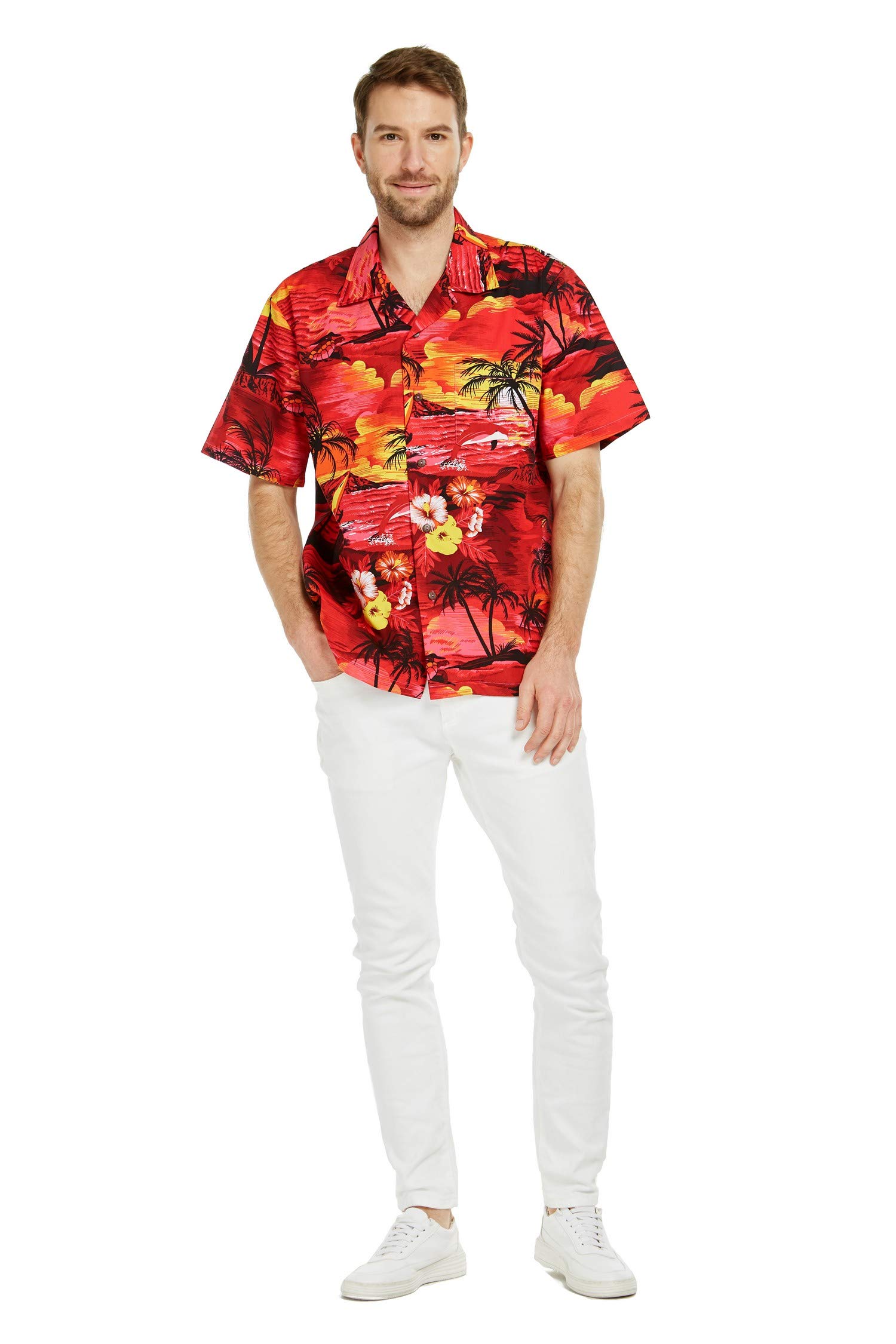 Hawaiian Luau Outfits for Family - Matching Sunset Red Aloha Shirts for Men, Women, Boys & Girls | Perfect for Beach Parties, Summer Vacations & Tropical Themed Events