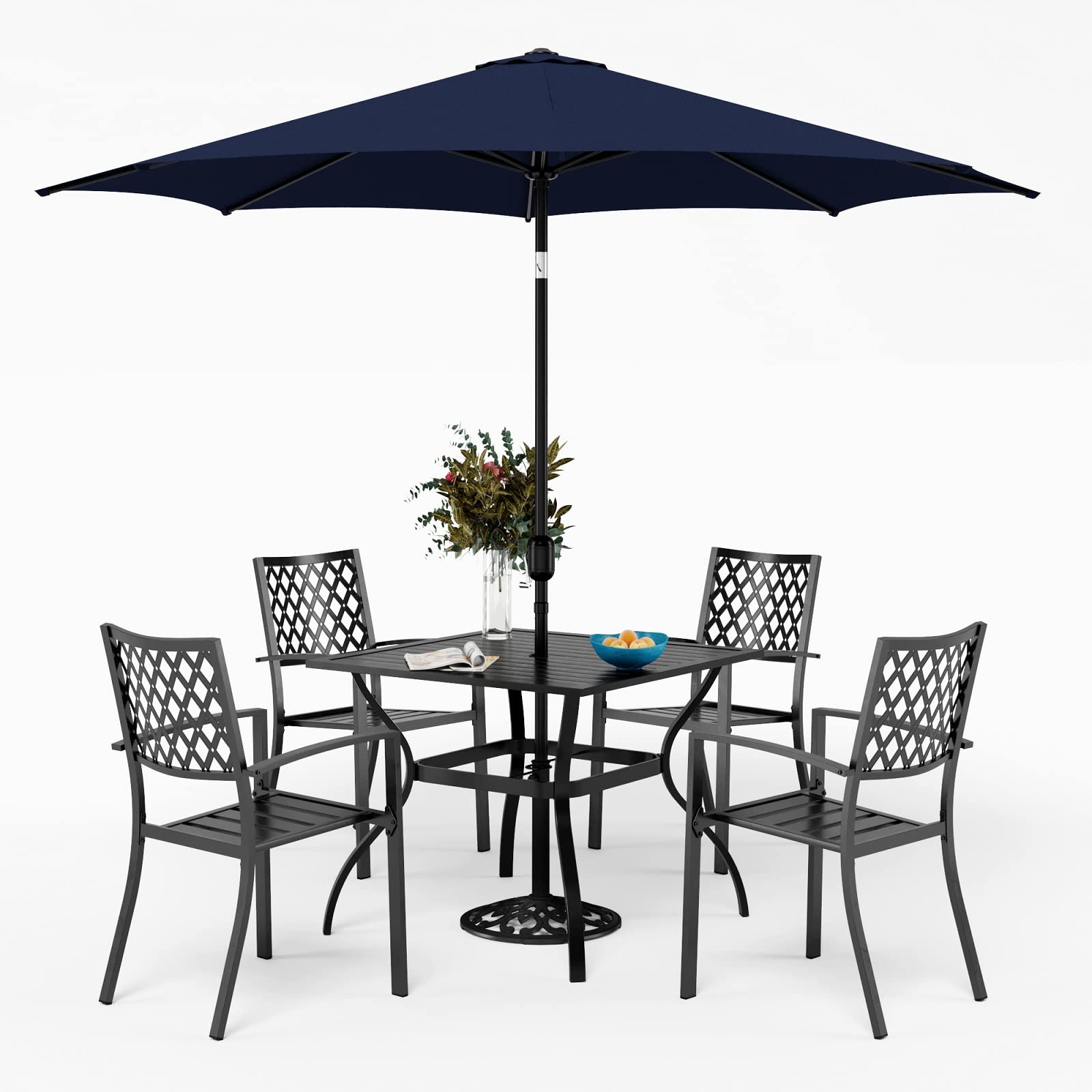 Sophia & William 6-Piece Outdoor Patio Dining Set for 4 - Metal Square Table with 4 Stackable Chairs & 9ft Tiltable Navy Blue Umbrella - Perfect for Backyard, Garden, Poolside & Outdoor Entertaining