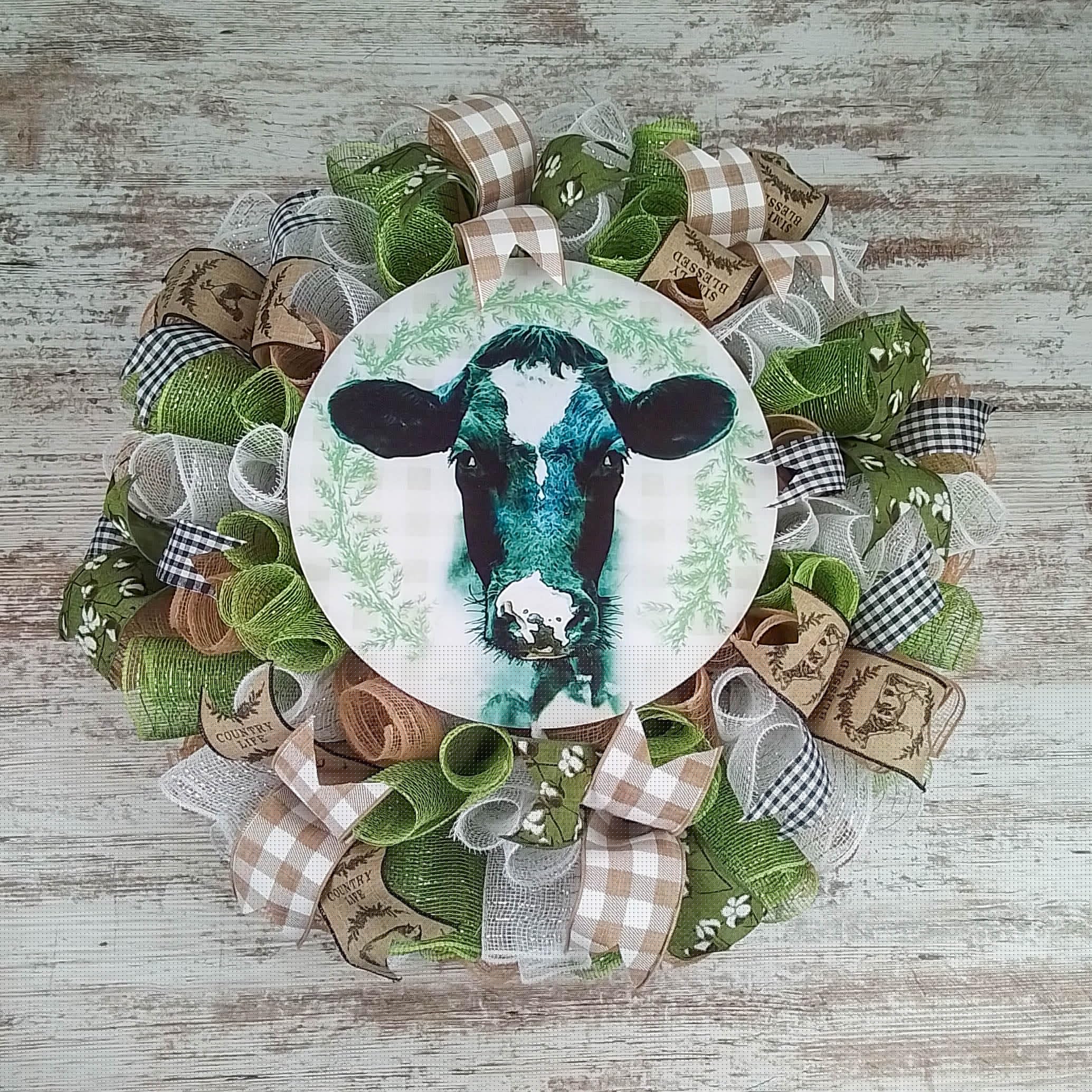 Farmhouse Cow Wreath - Rustic Black White Green Decor for Front Door - Perfect Year Round Wreath for Birthday Gift, Housewarming & Farmhouse Style Home Decor (Kitchen, Living Room, Porch)