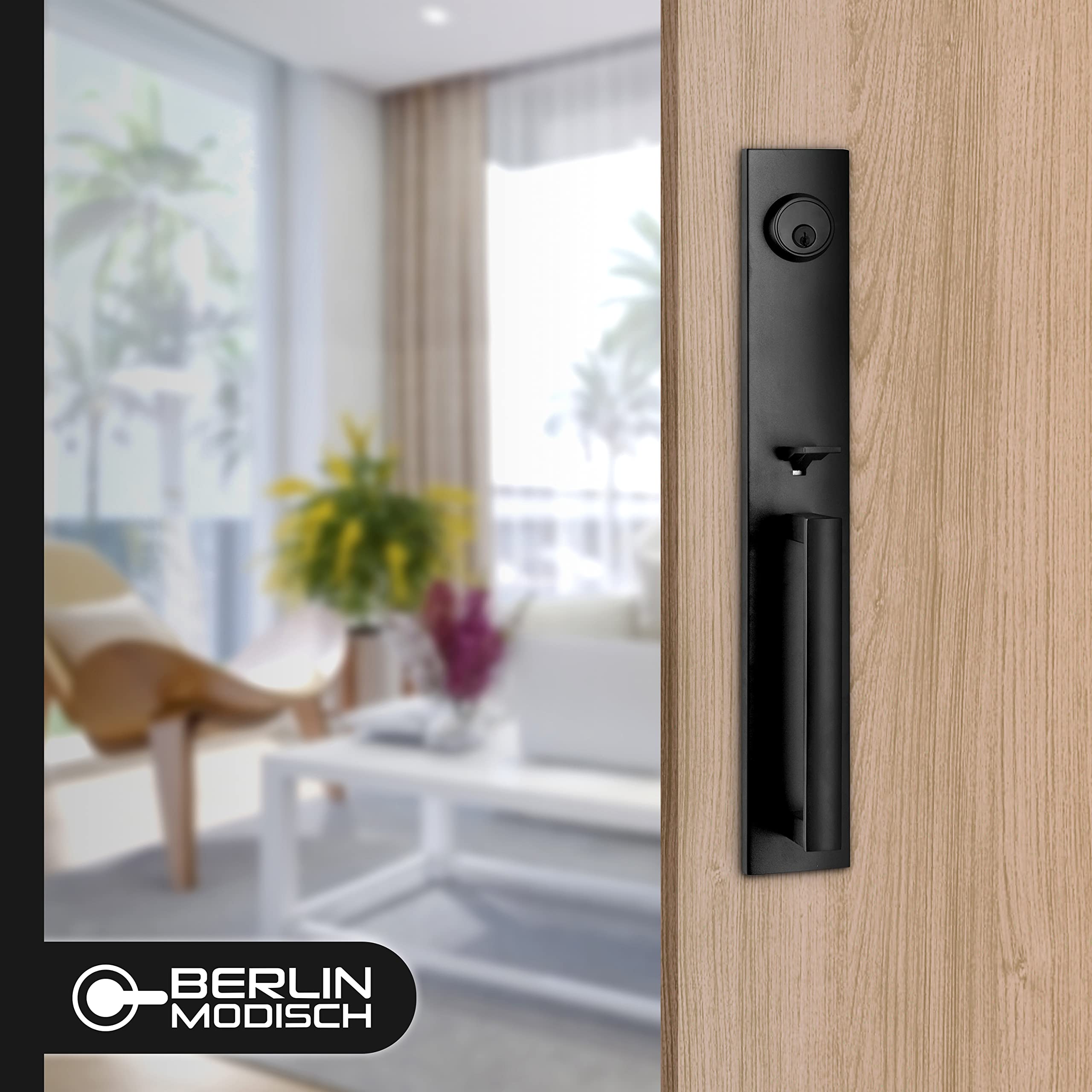 Berlin Modisch Full Escutcheon Heavy Duty Front Door Handle Set with Deadbolt Lock - Slim Square Single Cylinder, Iron Black Finish for Home Security & Entryway Protection | Perfect for Residential Doors, Apartments, and Office Buildings