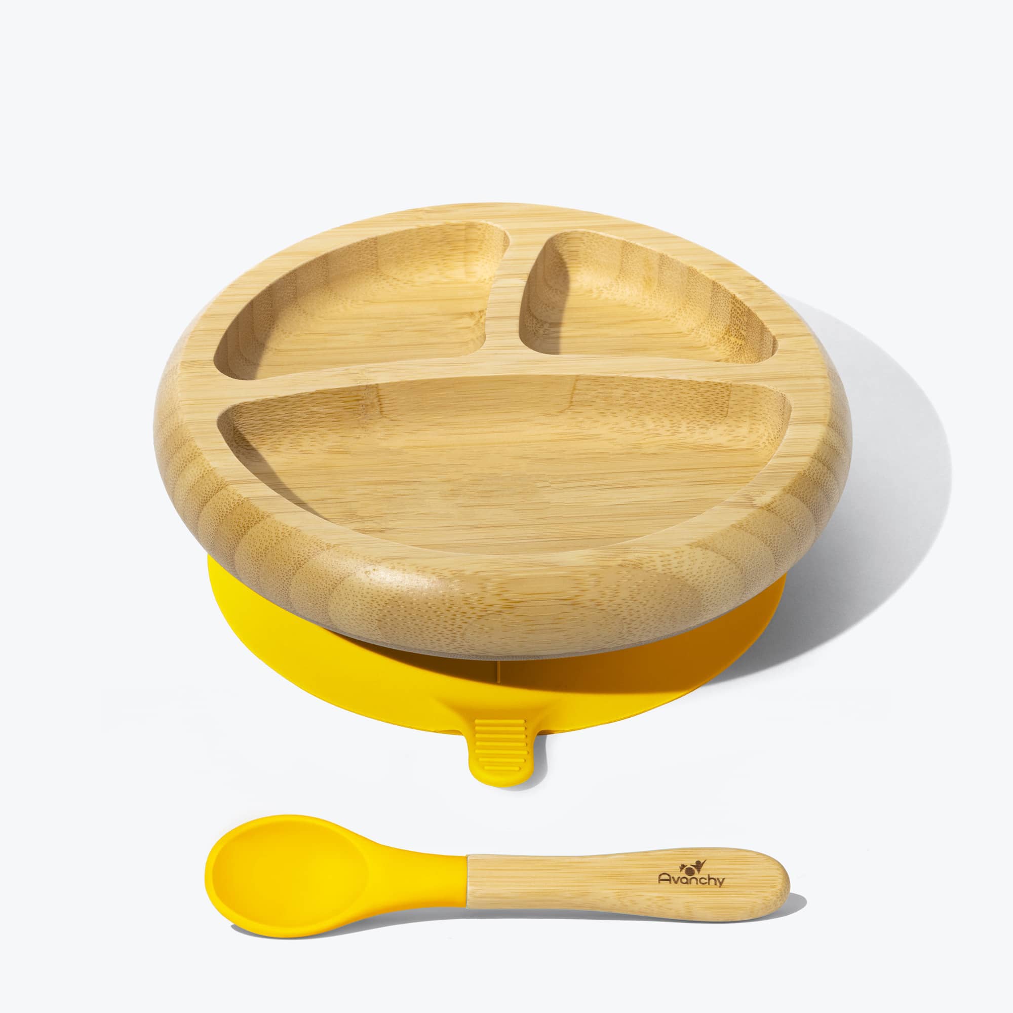 Avanchy Bamboo Suction Baby Plate & Spoon Set - Eco-Friendly Toddler Feeding Dish with Strong Suction Base - Perfect for Baby-Led Weaning, High Chair, and Travel Use - Yellow