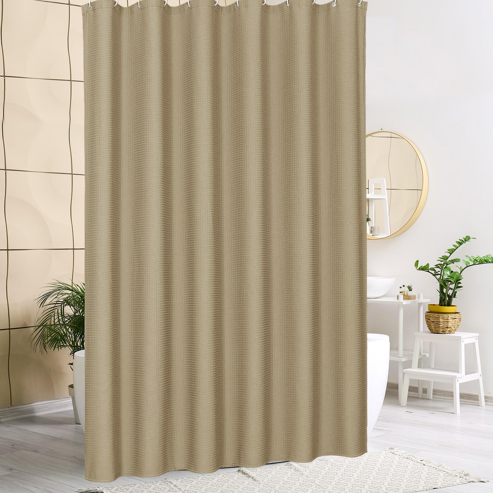 MitoVilla 36 x 72 Inch Waffle Weave Shower Curtain - Half Size Narrow Fabric Bathroom Curtain with Hooks in Taupe/Tan | Perfect for Small Bathrooms, Apartments & RV Showers | Water-Resistant & Stylish Home Decor