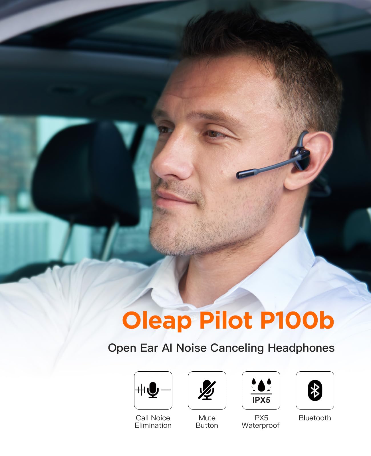 Pilot P100b Wireless Open Ear Headphones with Microphone - 50dB ENC Noise Cancelling for Calls, Boom Mic & Mute Button - Compatible with PC, Phone, Laptop - Ideal for WFH, Mobile Office, Online Meetings, Video Calls & Gaming