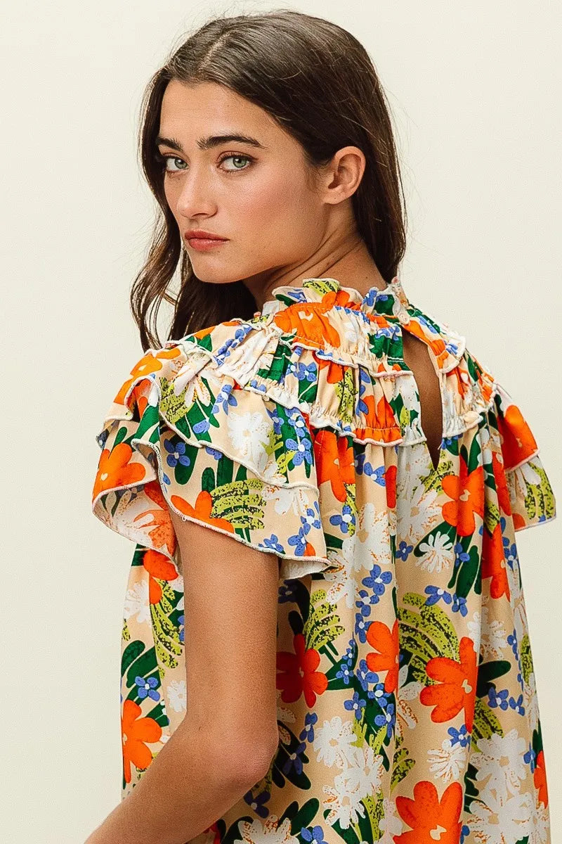BiBi Women's Floral Print Woven Blouse - Casual Short Sleeve Summer Tops for Beach, Vacation & Everyday Wear