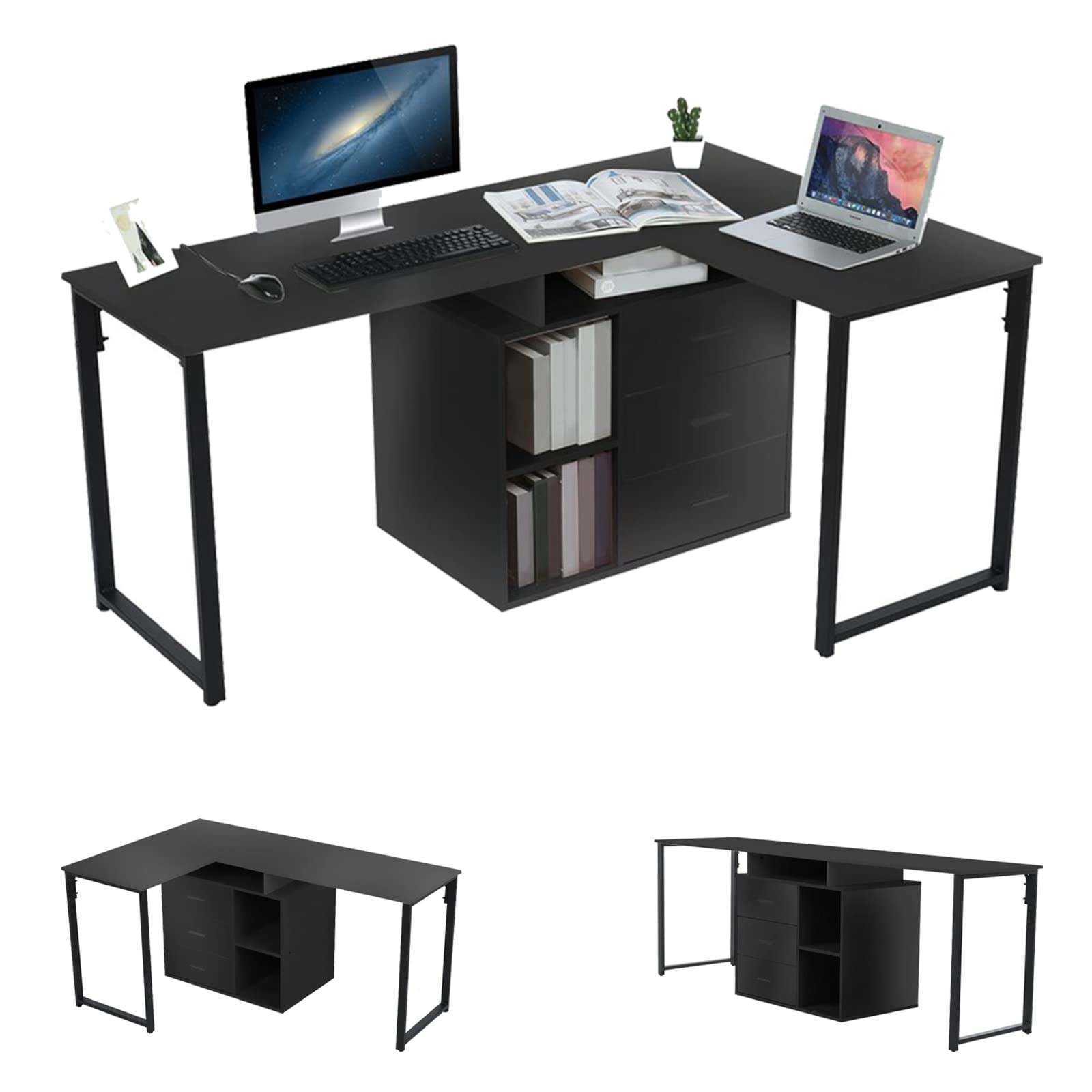 Wildmont 87 Inch Two Person Computer Desk with 3 Storage Drawers & 2-Tier Shelves - Black Home Office Double Workstation for Studying, Writing | Convertible to L-Shaped Desk | Perfect for Shared Workspaces, Home Offices & Small Business Setups